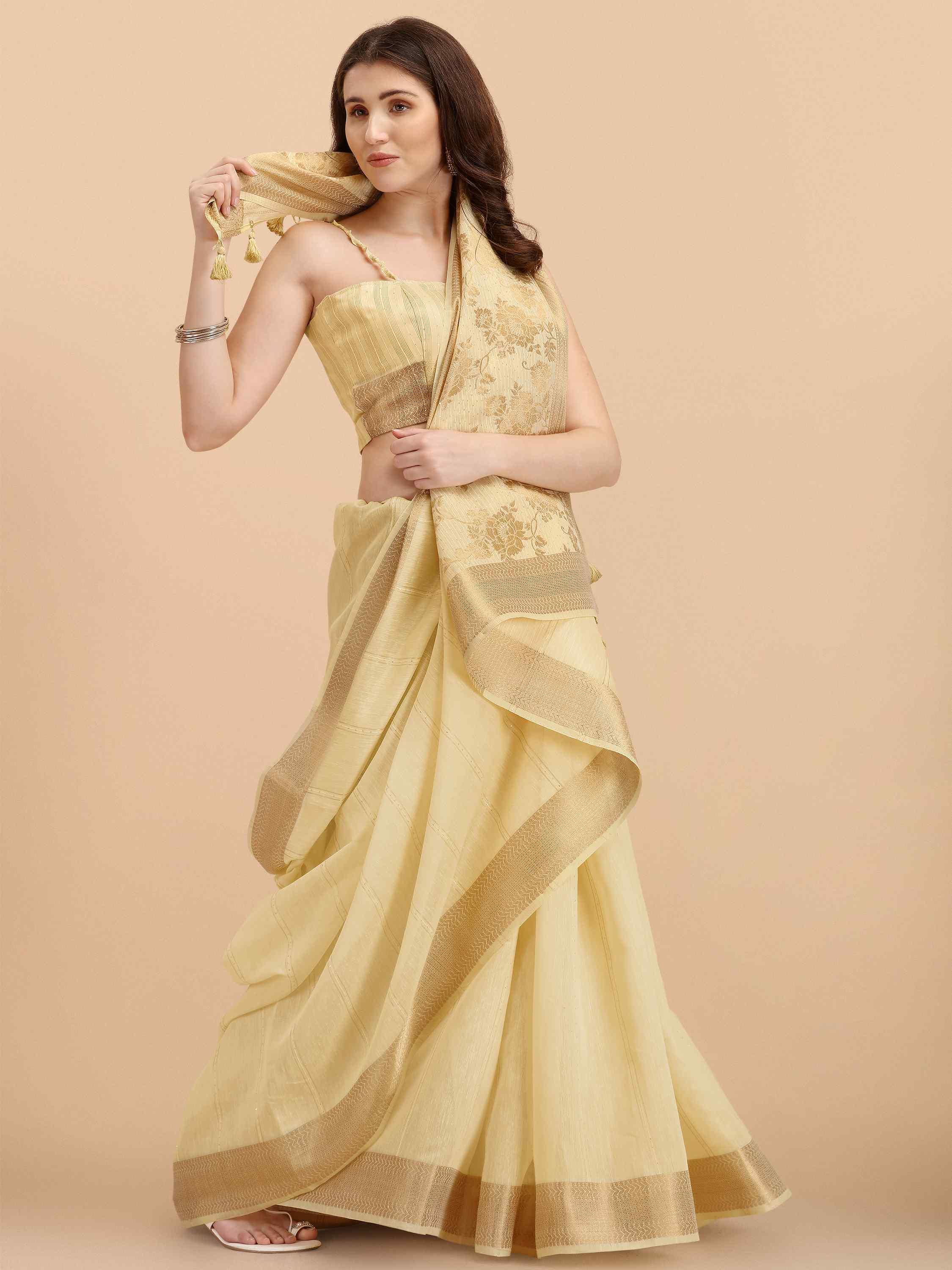 YELLOW FLORAL COTTON SILK SAREE WITH BLOUSE