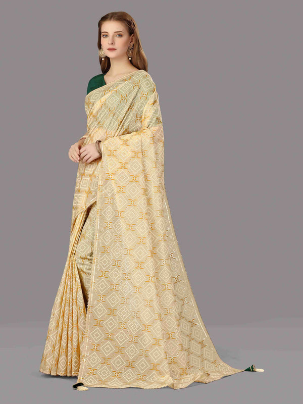BEIGE ORGANZA FOIL SAREE WITH BLOUSE