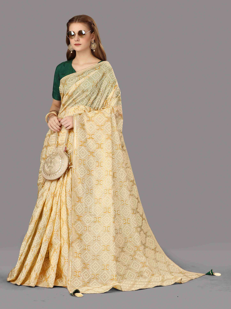 BEIGE ORGANZA FOIL SAREE WITH BLOUSE