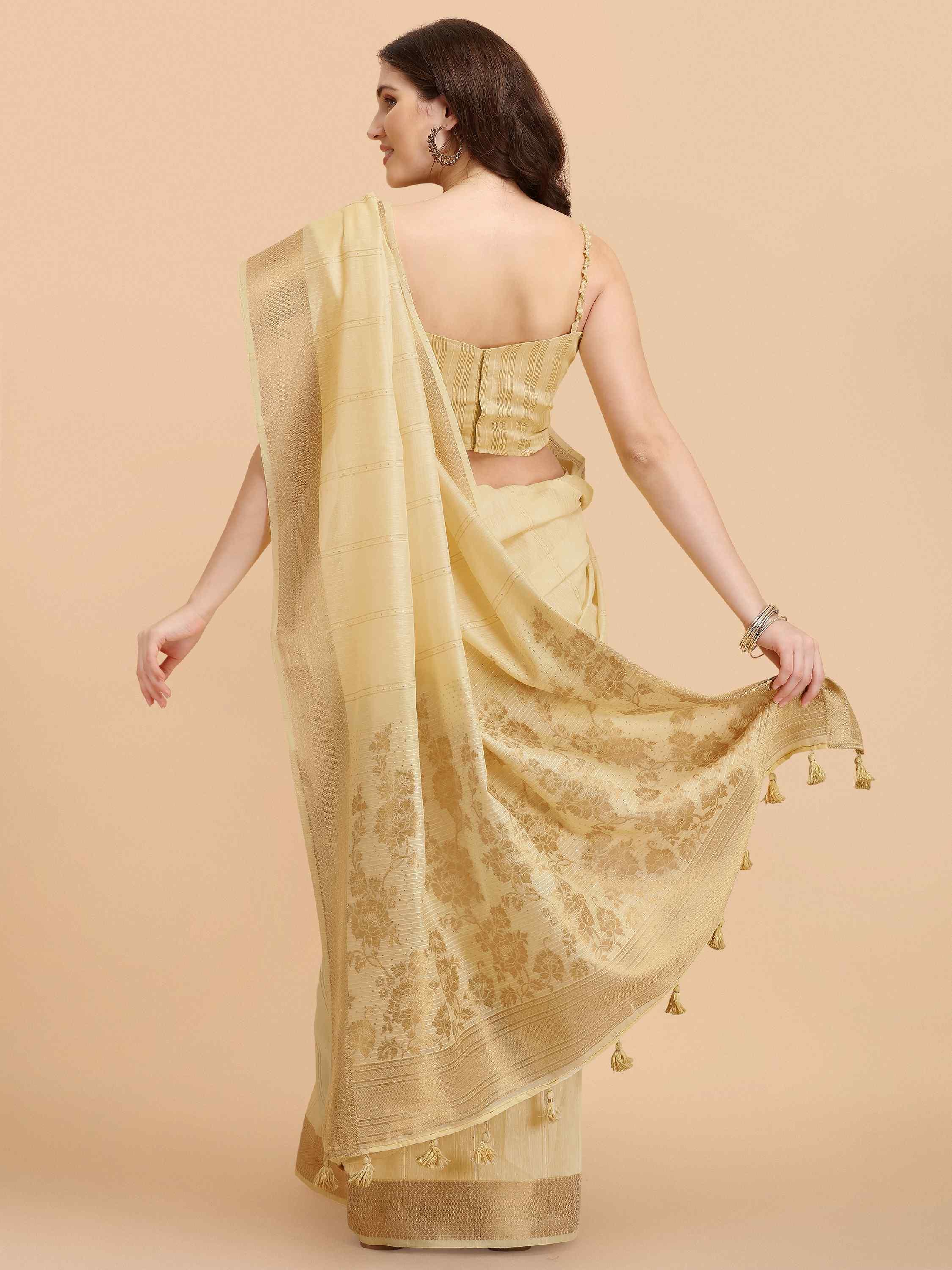 YELLOW FLORAL COTTON SILK SAREE WITH BLOUSE