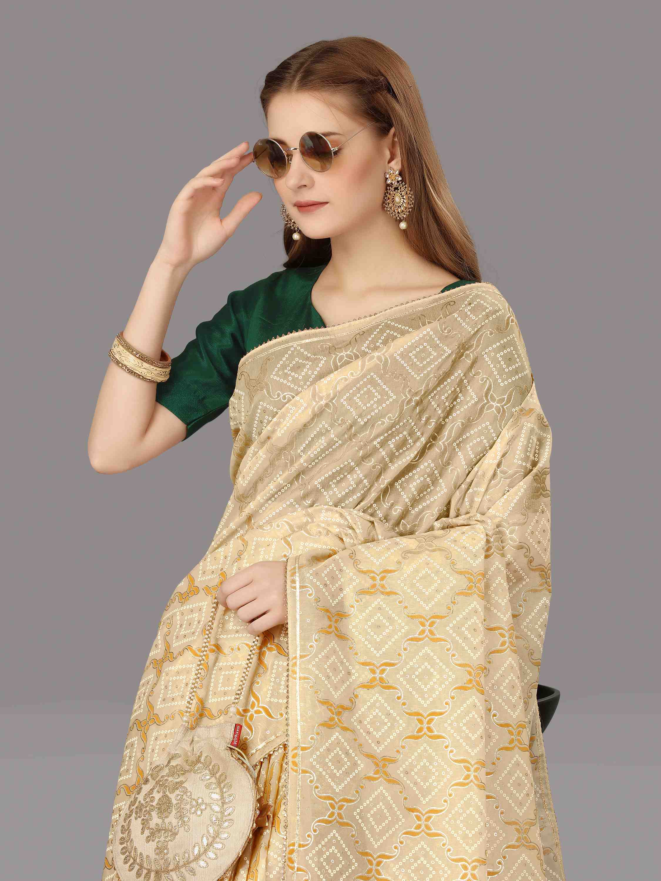 BEIGE ORGANZA FOIL SAREE WITH BLOUSE