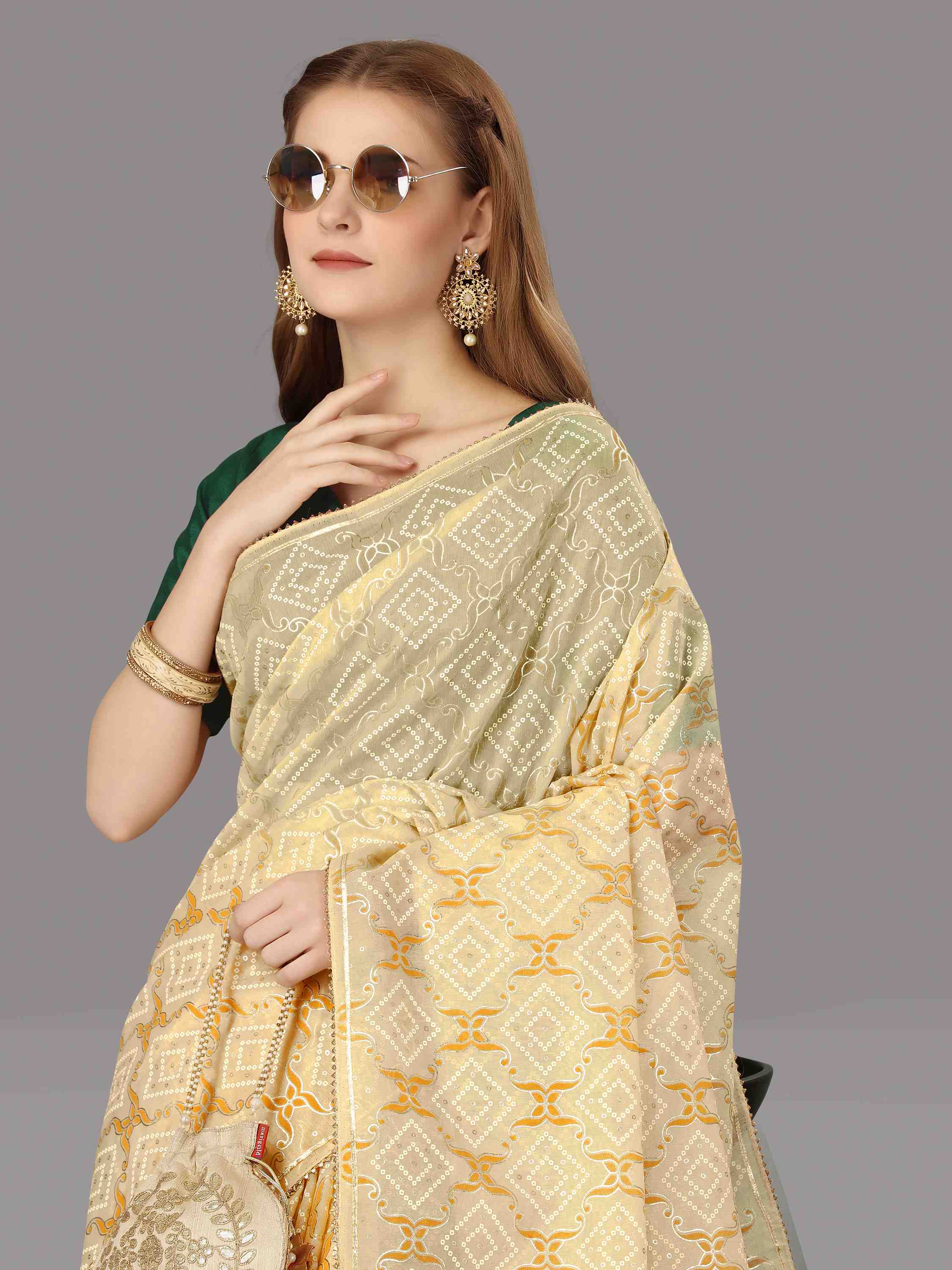 BEIGE ORGANZA FOIL SAREE WITH BLOUSE