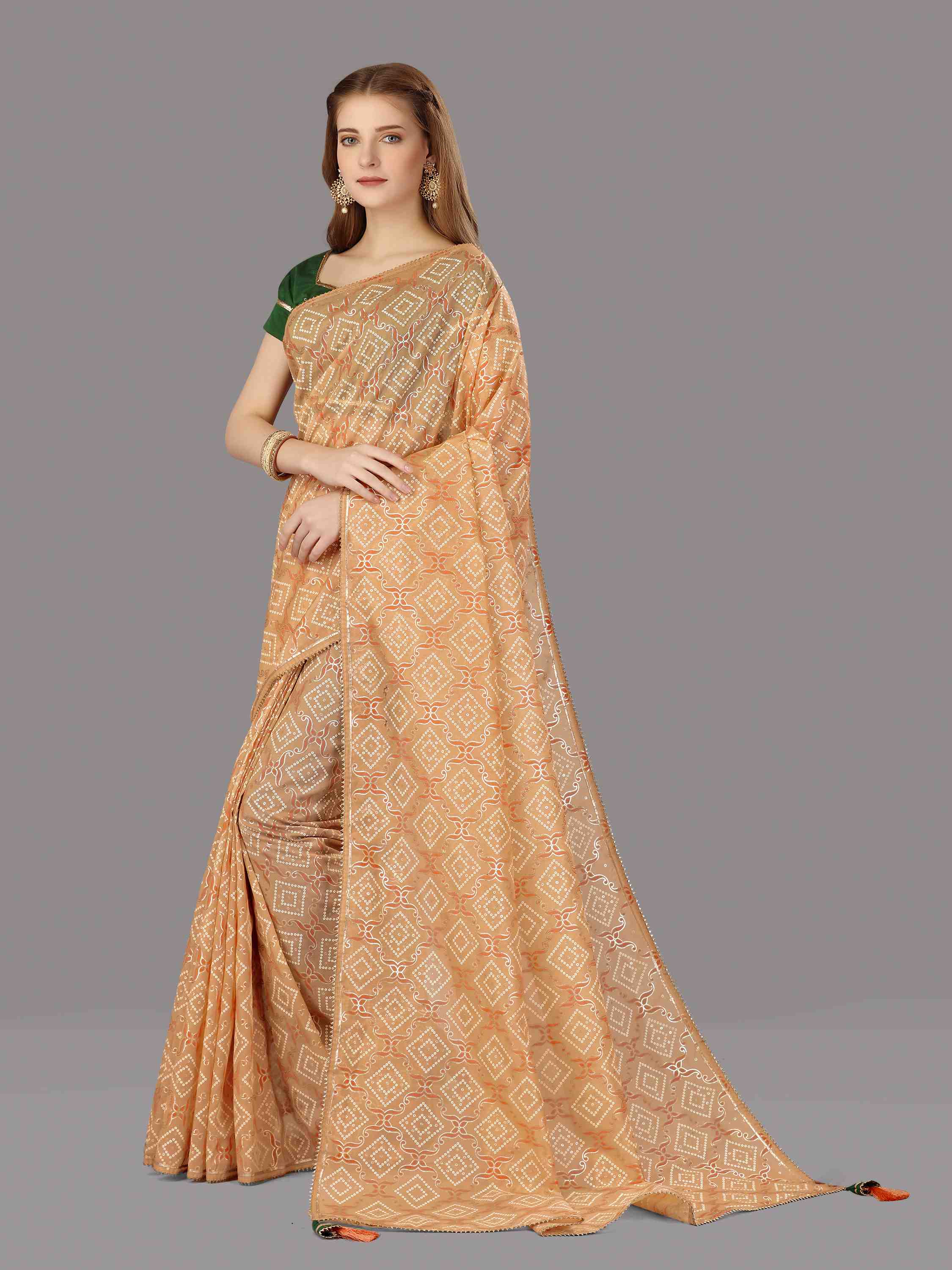 ORANGE ORGANZA FOIL SAREE WITH BLOUSE