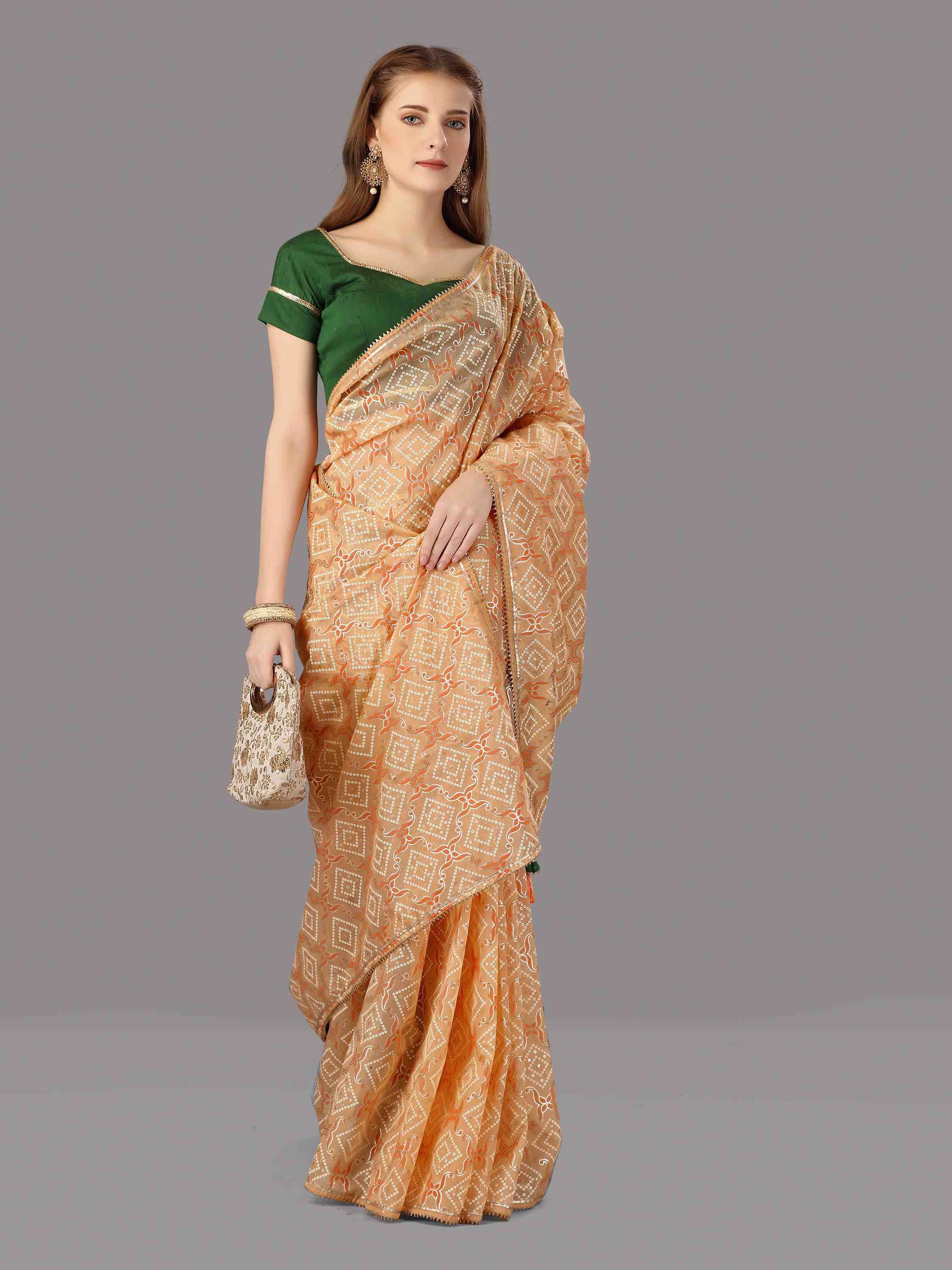 ORANGE ORGANZA FOIL SAREE WITH BLOUSE