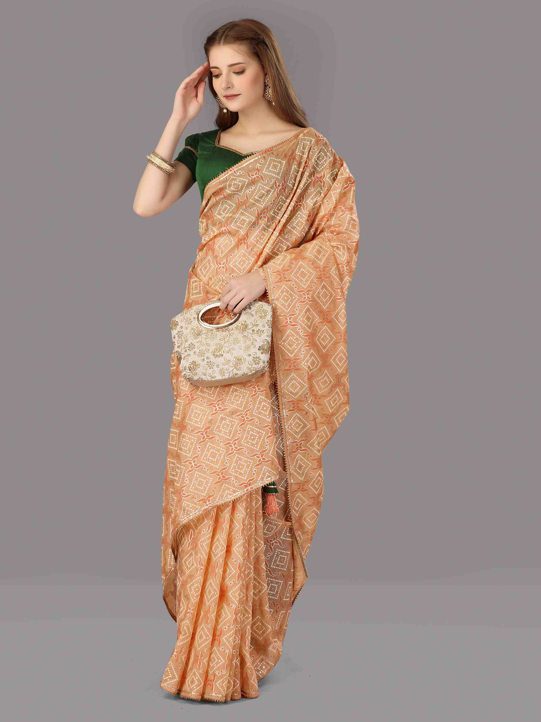 ORANGE ORGANZA FOIL SAREE WITH BLOUSE