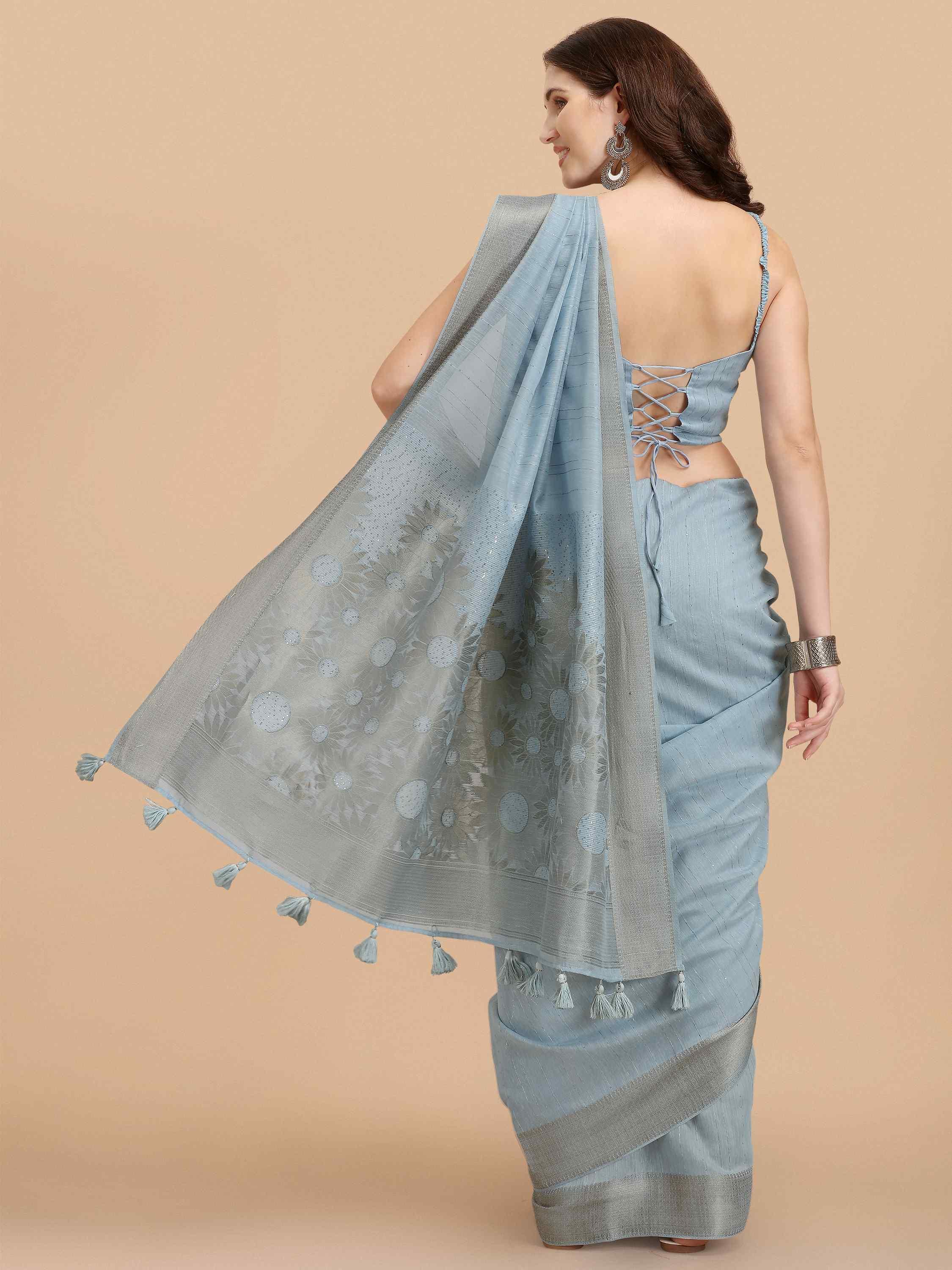 GRAY SUNFLOWER COTTON SILK SAREE WITH BLOUSE