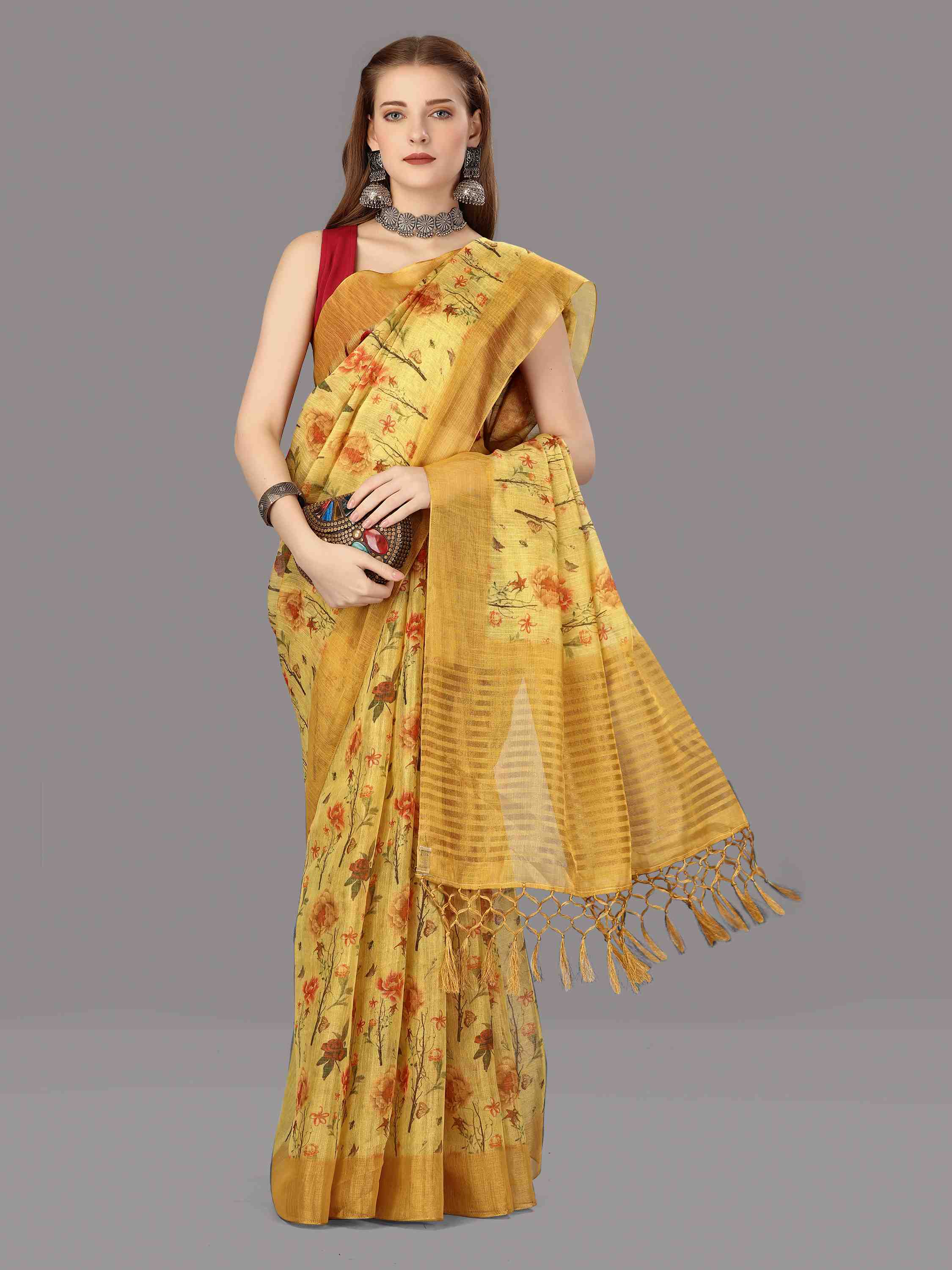 MUSTARD DIGITAL CHITT PALLU SAREE