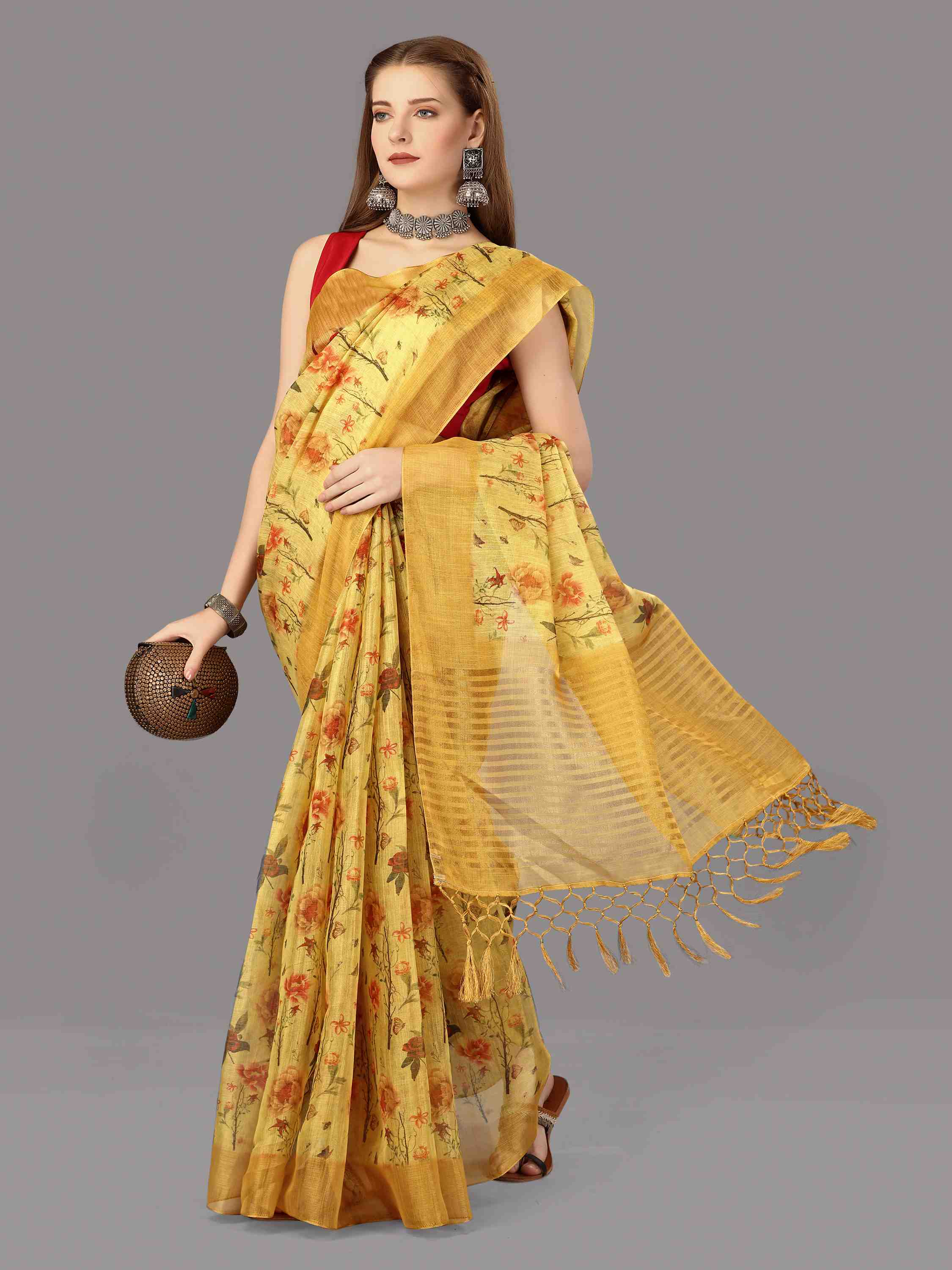 MUSTARD DIGITAL CHITT PALLU SAREE