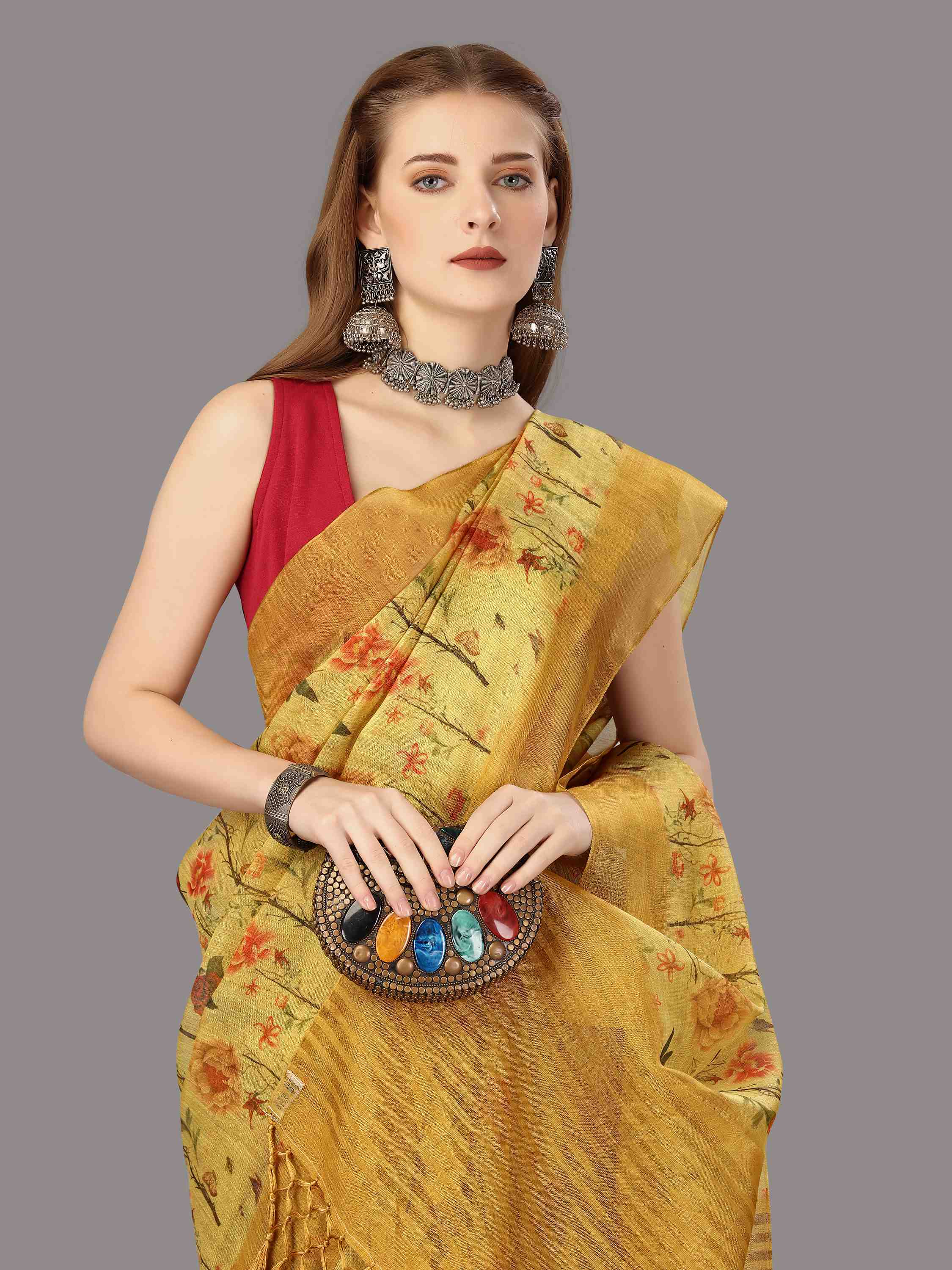 MUSTARD DIGITAL CHITT PALLU SAREE