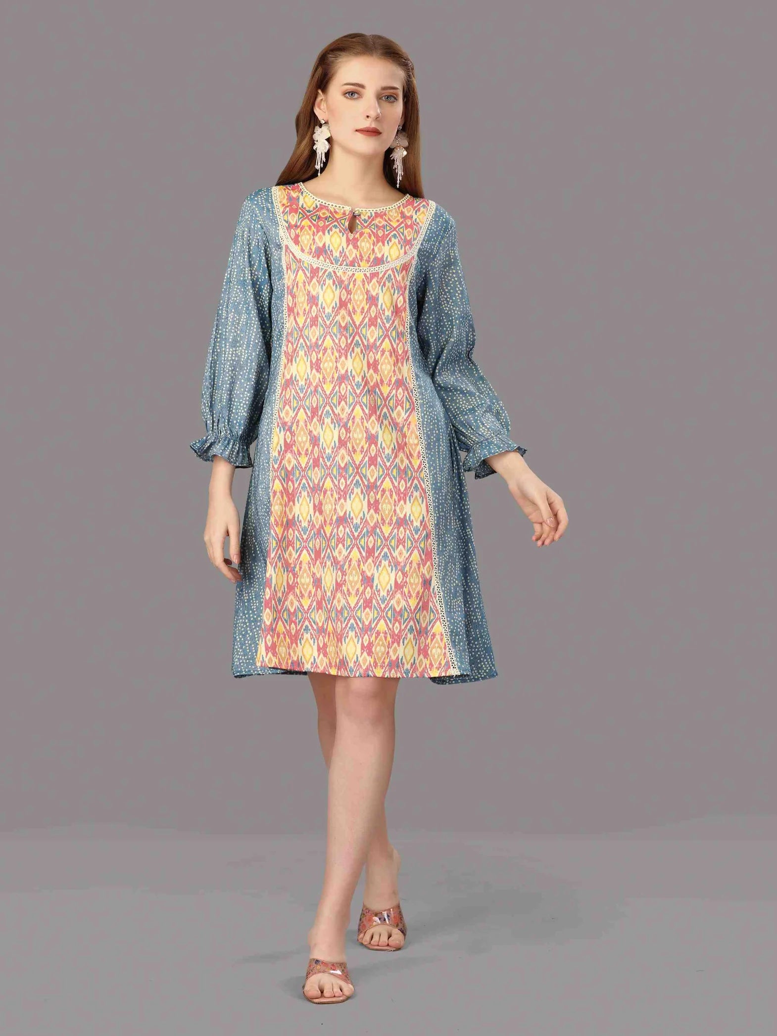 BLUE & PINK COTTON BLEND IKAT PRINTED A-LINE DRESS