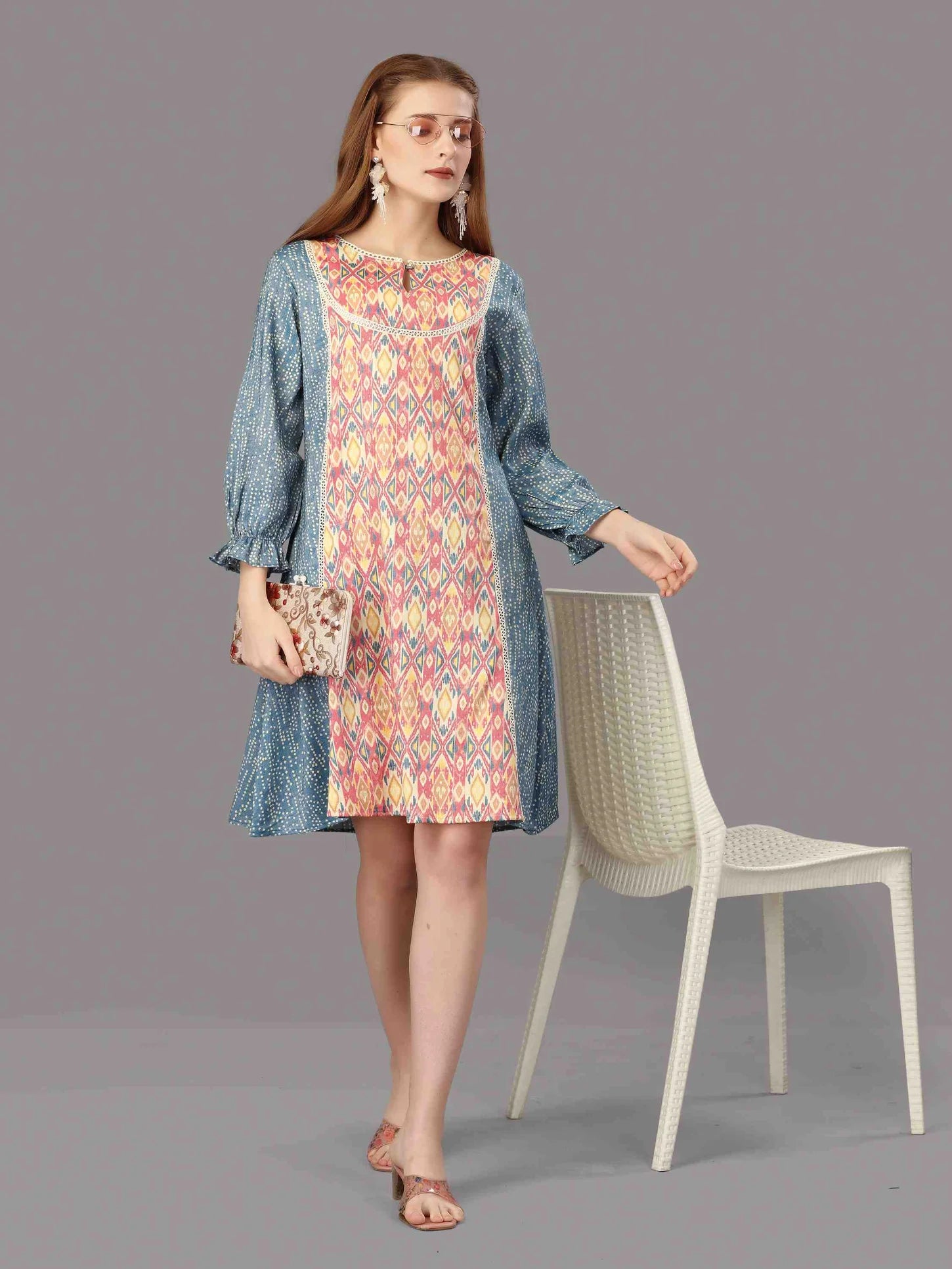 BLUE & PINK COTTON BLEND IKAT PRINTED A-LINE DRESS