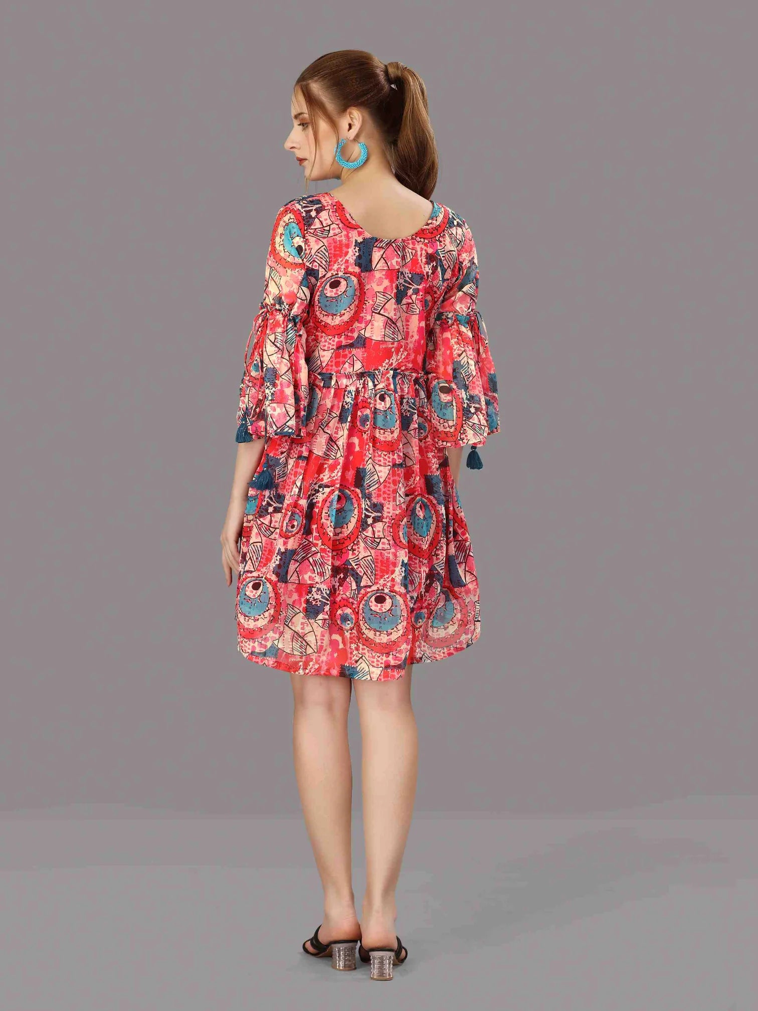 CORAL CHIFFON PRINTED FLARED DRESS