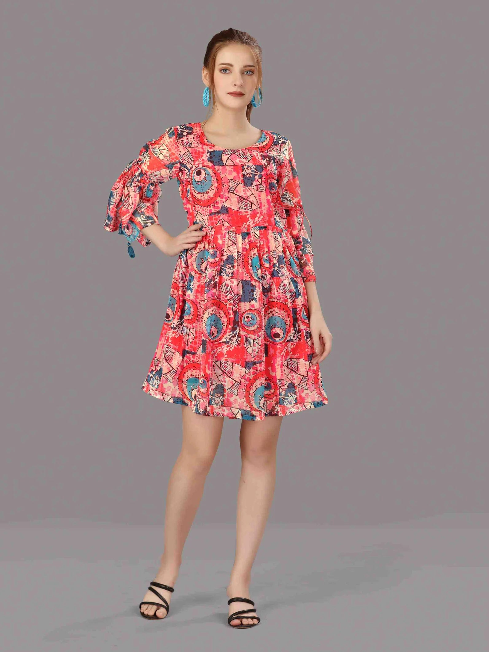 CORAL CHIFFON PRINTED FLARED DRESS