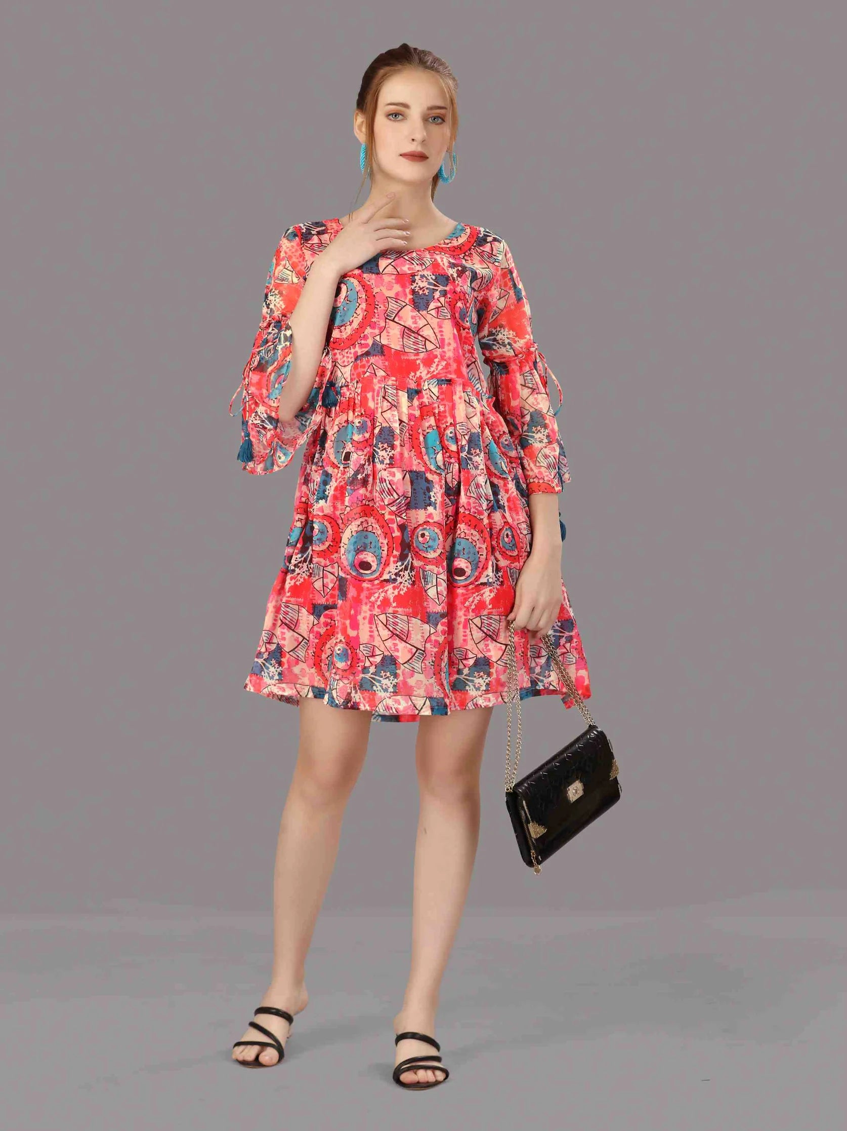 CORAL CHIFFON PRINTED FLARED DRESS