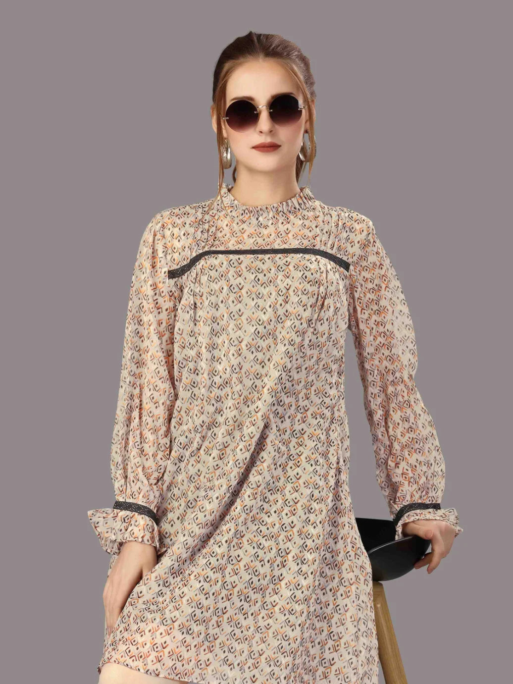 GREY CHIFFON GEOMETRIC PRINTED A-LINE DRESS WITH INNER