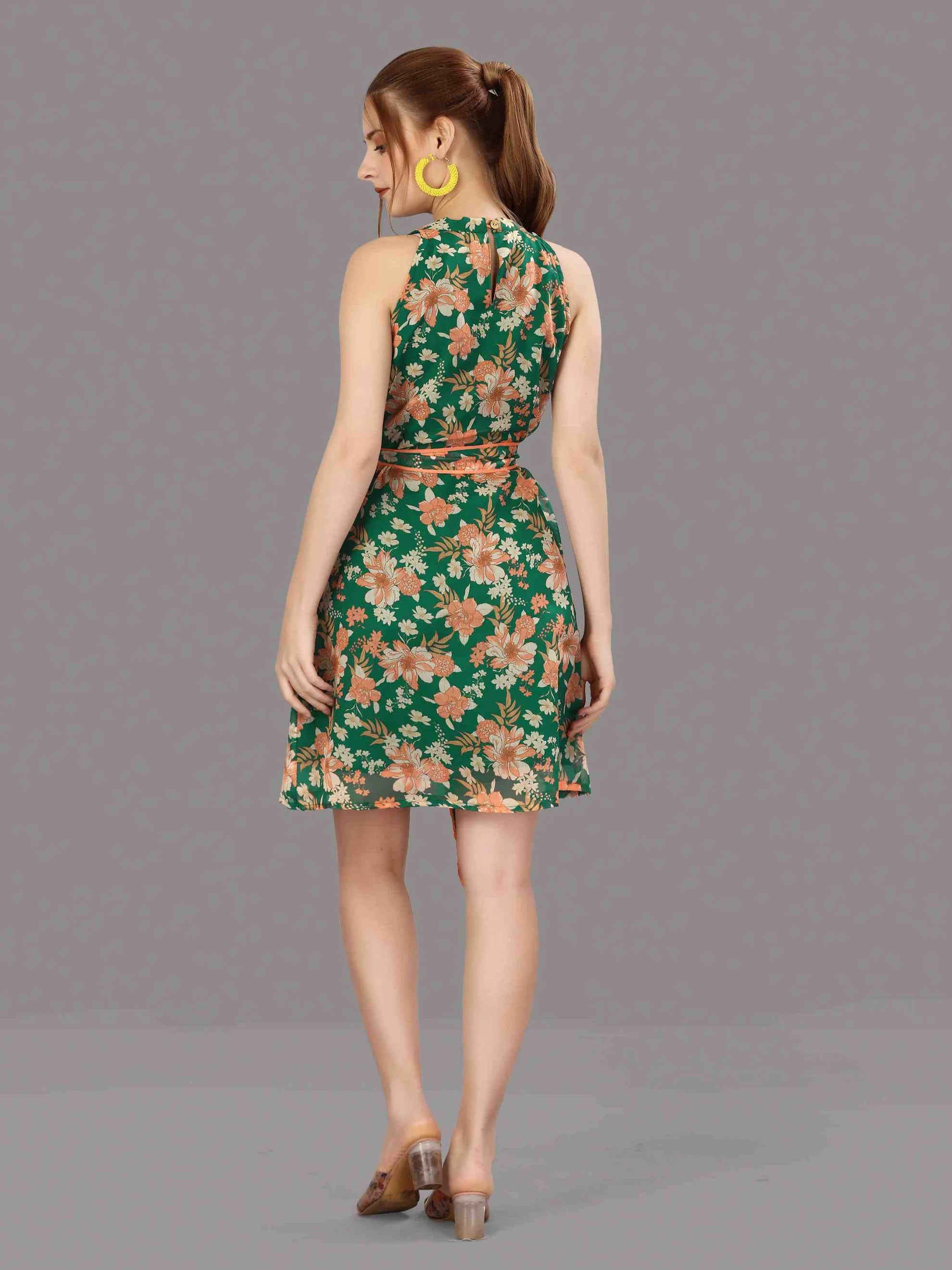 GREEN CHIFFON FLORAL PRINTED DRESS WITH BELT