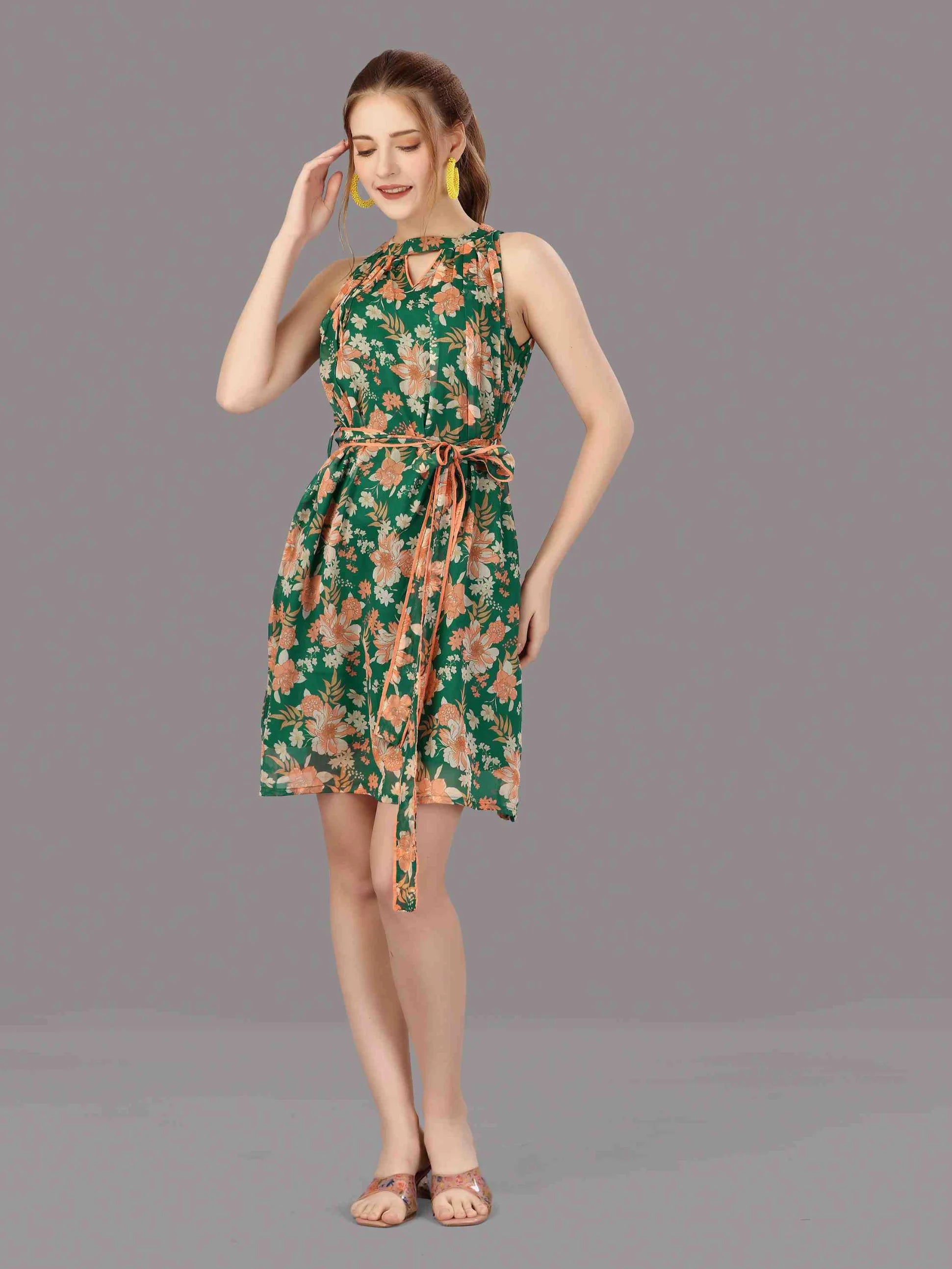 GREEN CHIFFON FLORAL PRINTED DRESS WITH BELT