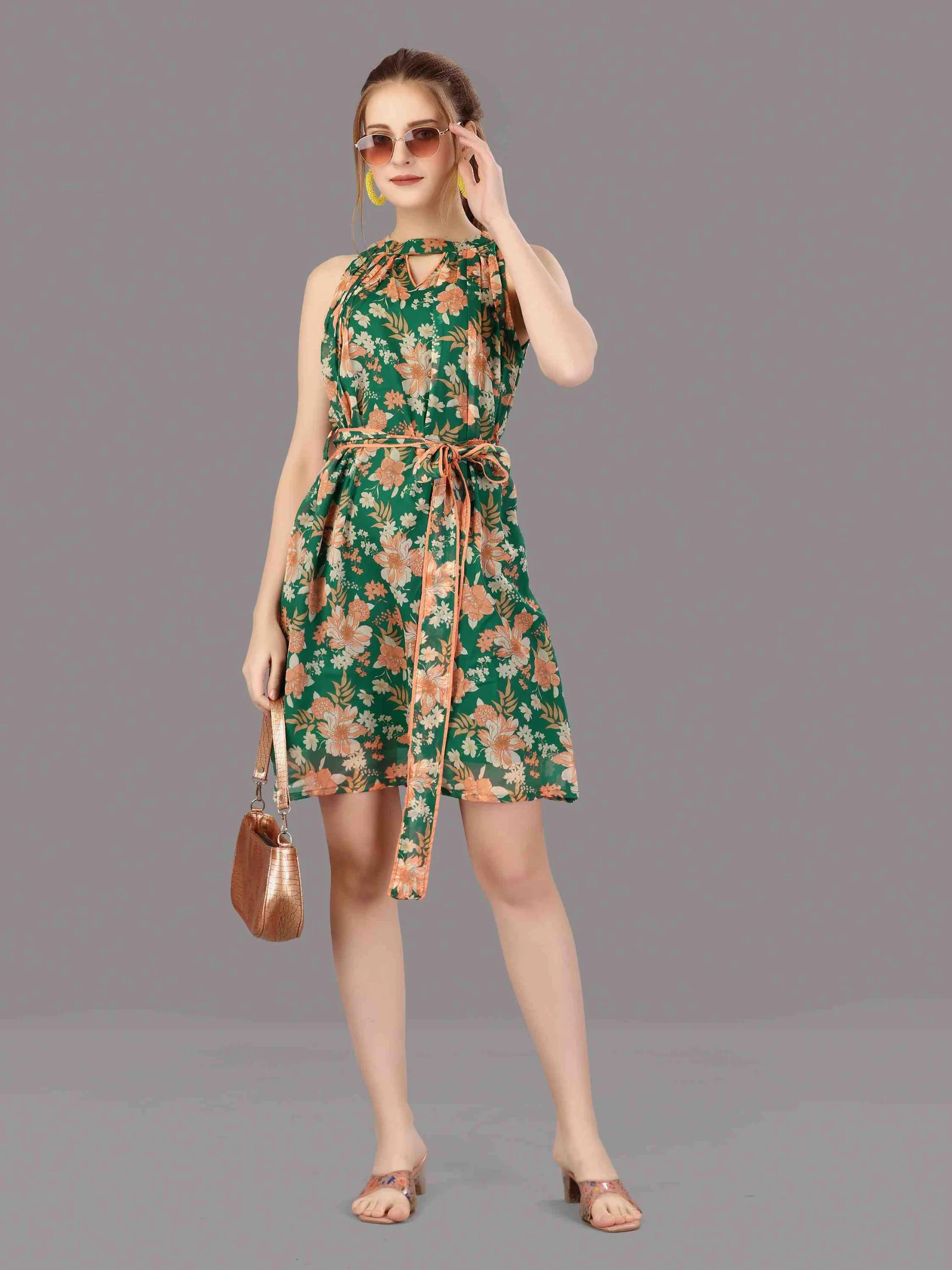 GREEN CHIFFON FLORAL PRINTED DRESS WITH BELT