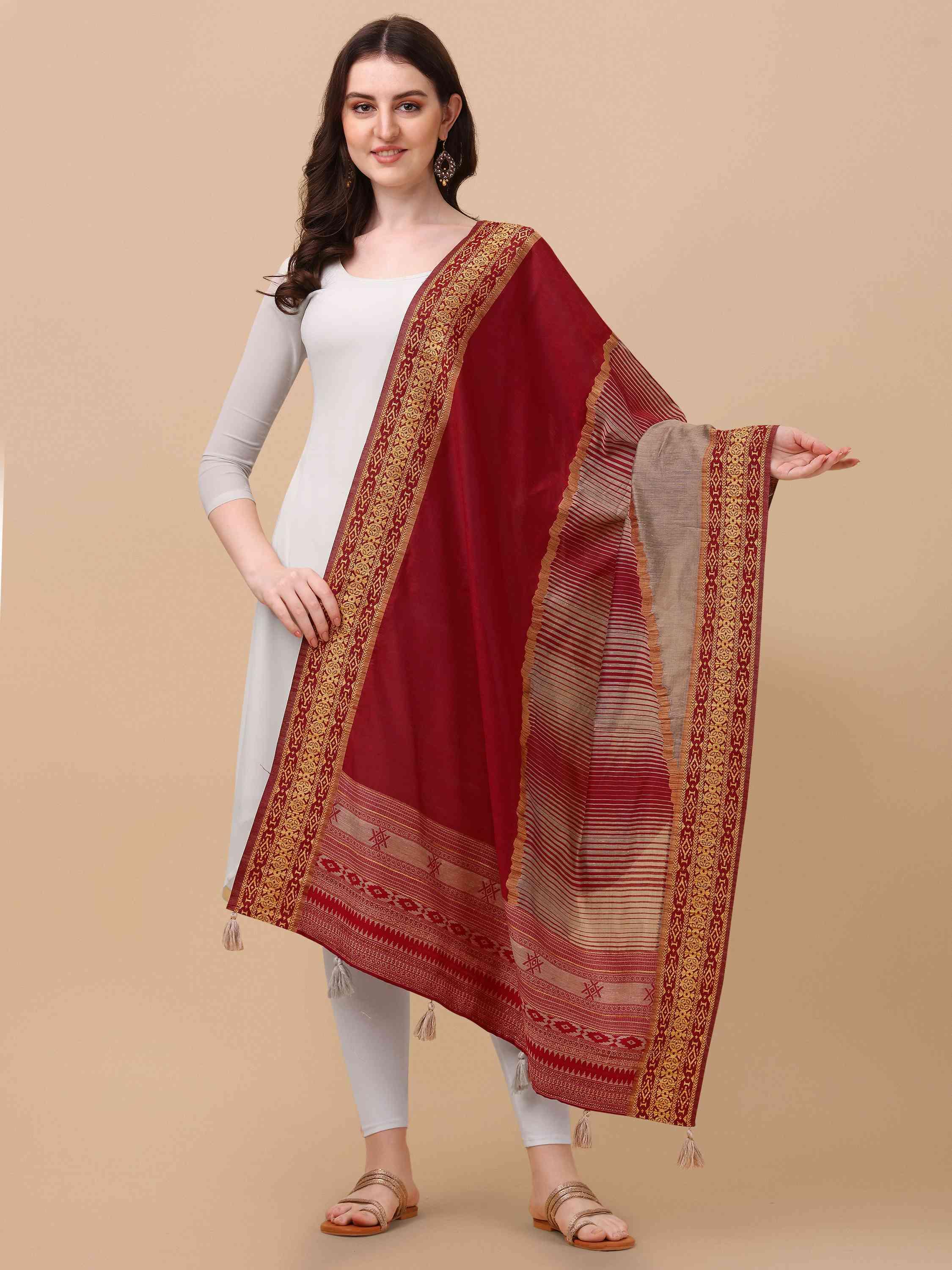 MAROON GRAY HANDLOOM SILK DUPATTA - DUNGRANI