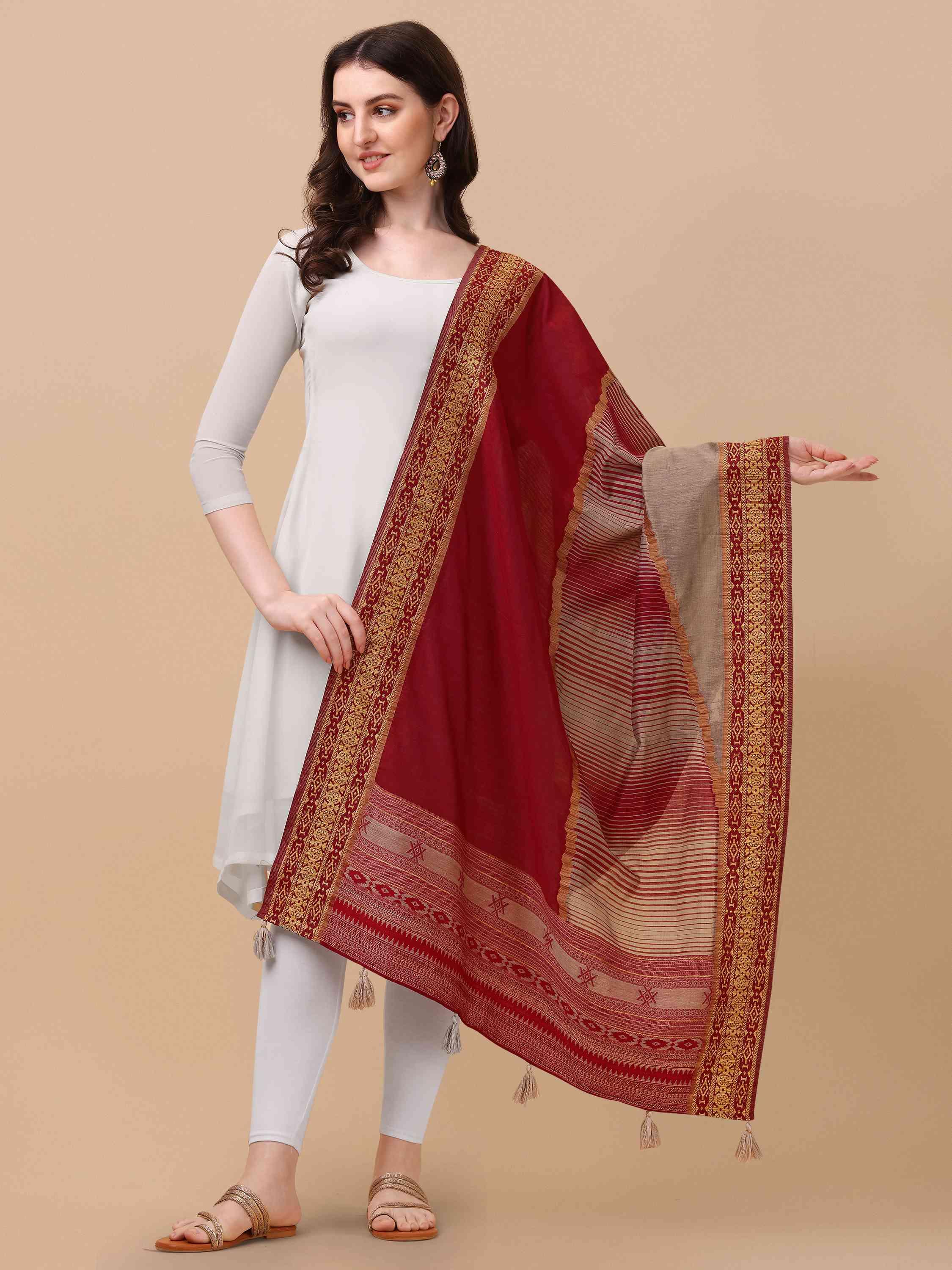 MAROON GRAY HANDLOOM SILK DUPATTA - DUNGRANI