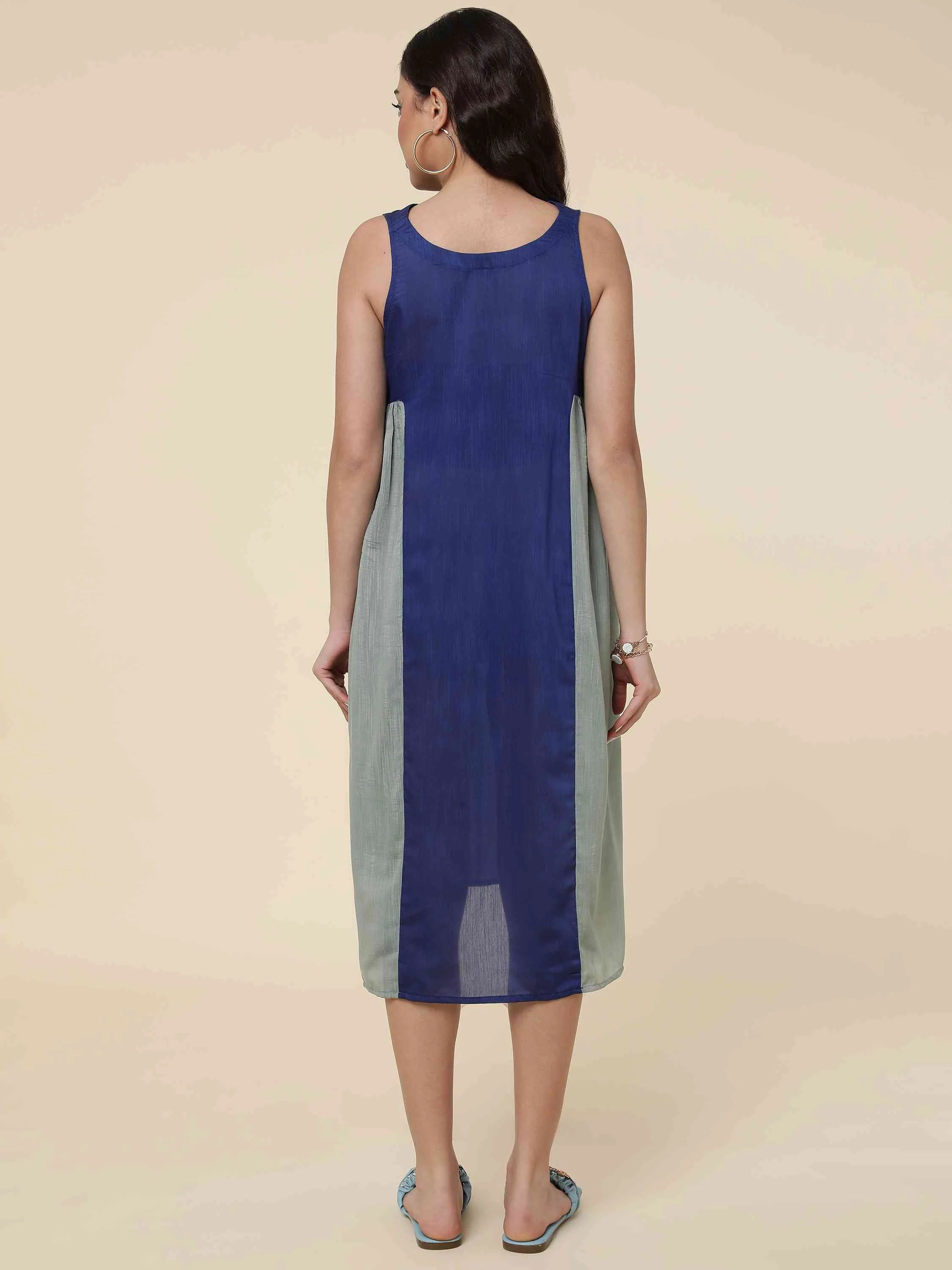 BLUE COTTON BLEND COLOR BLOKED DRESS