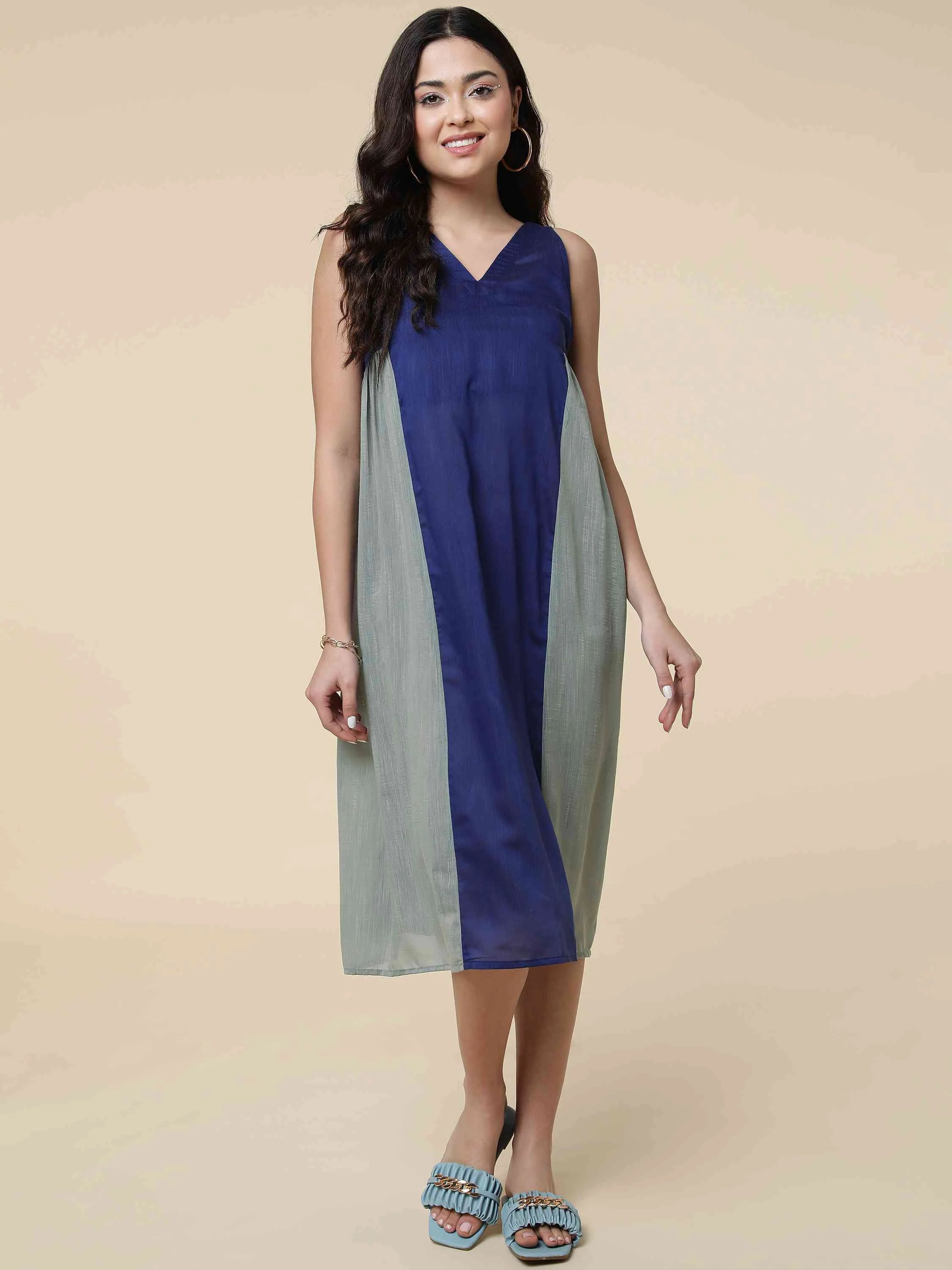 BLUE COTTON BLEND COLOR BLOKED DRESS