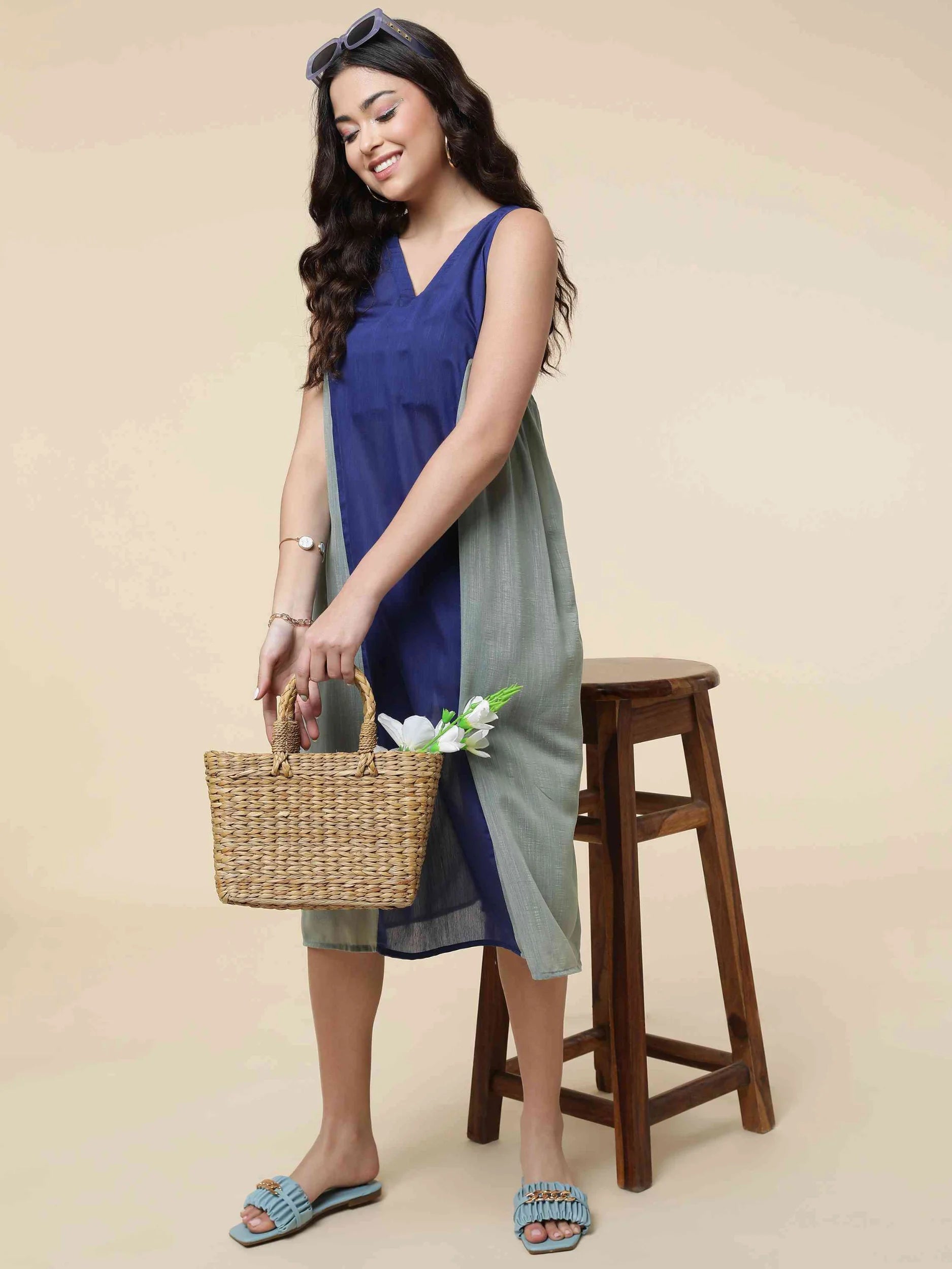 BLUE COTTON BLEND COLOR BLOKED DRESS