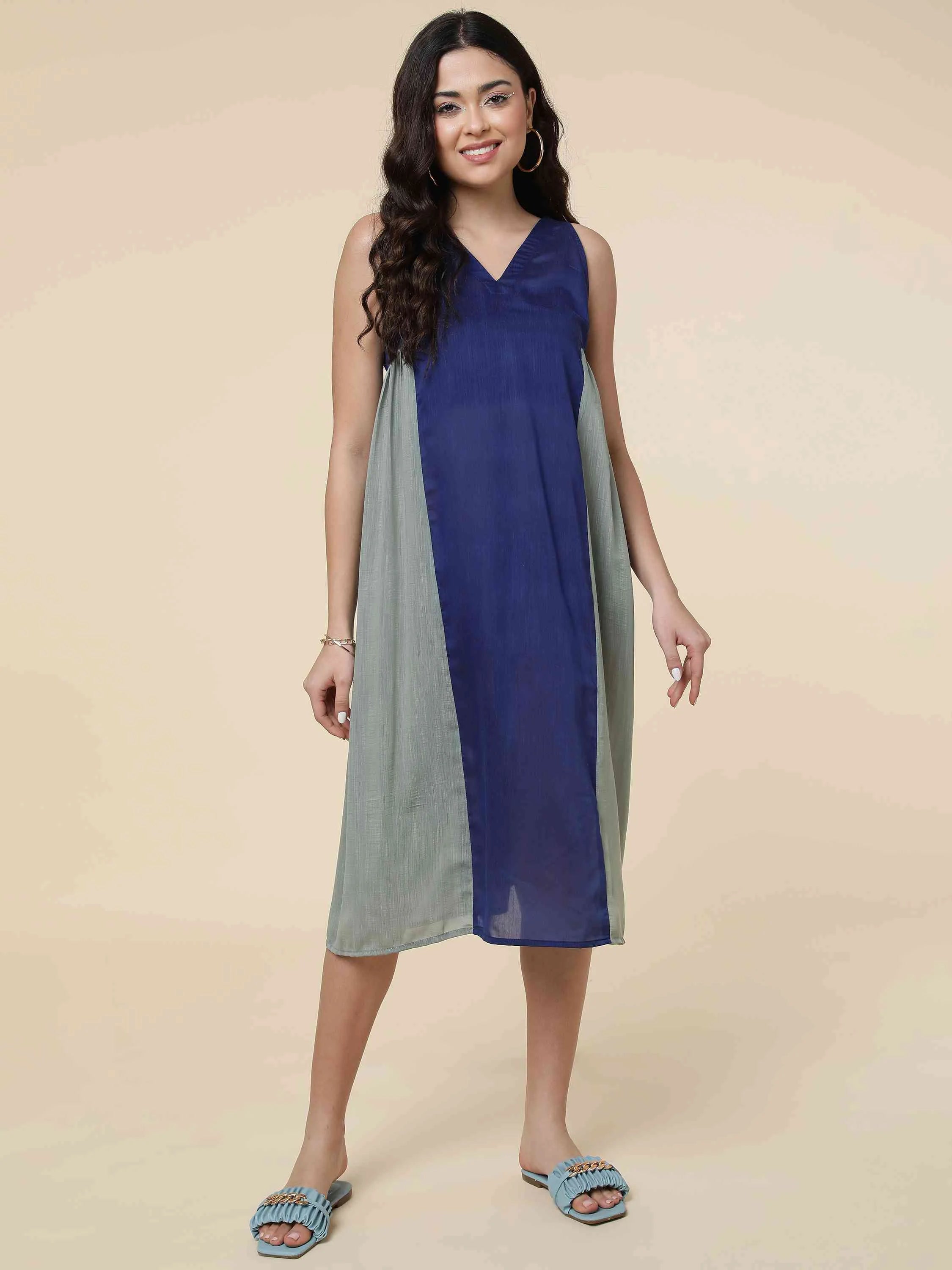 BLUE COTTON BLEND COLOR BLOKED DRESS