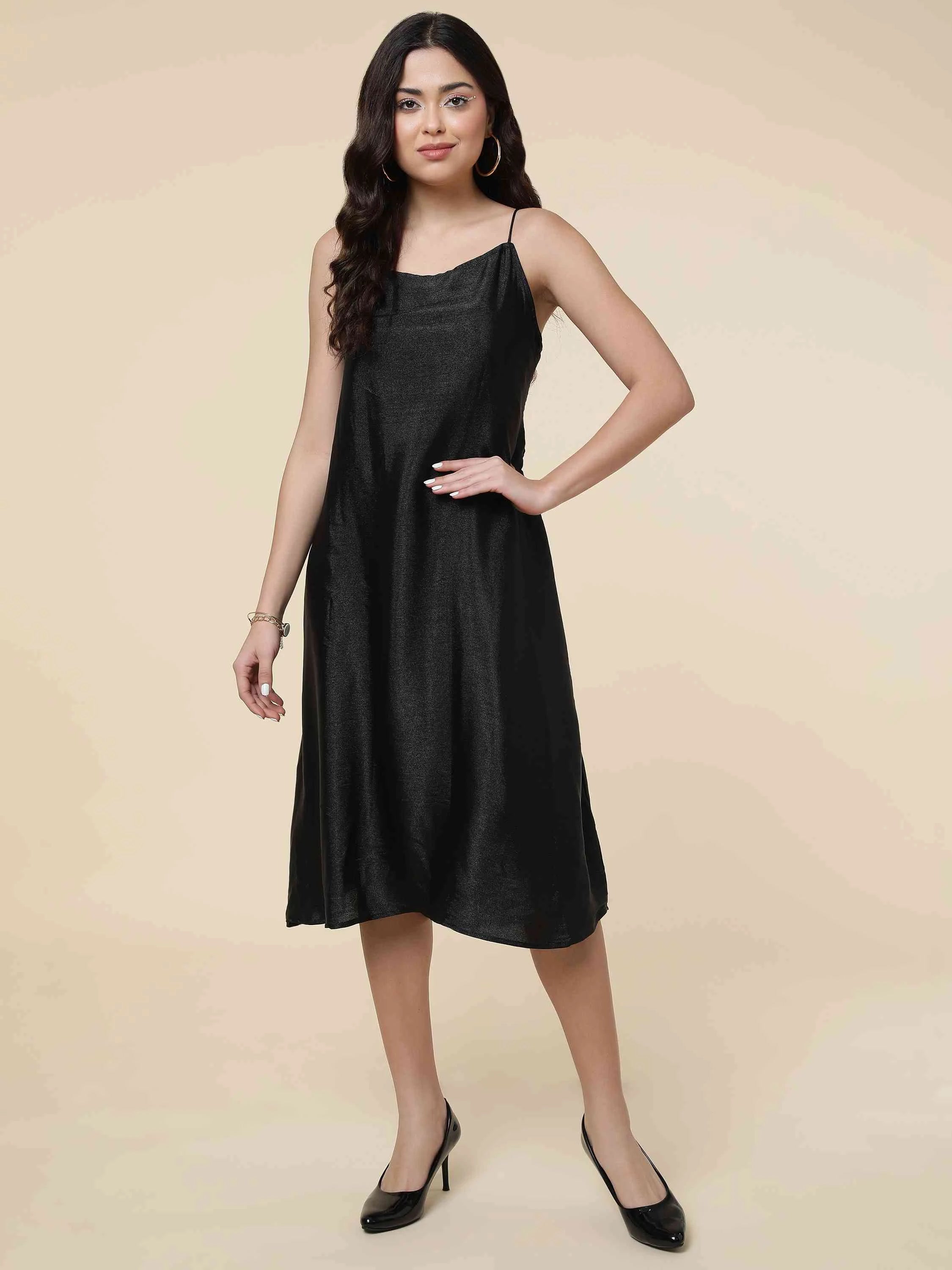 BLACK ORGANZA FIT AND FLARE ORGANZA DRESS WITH INNER