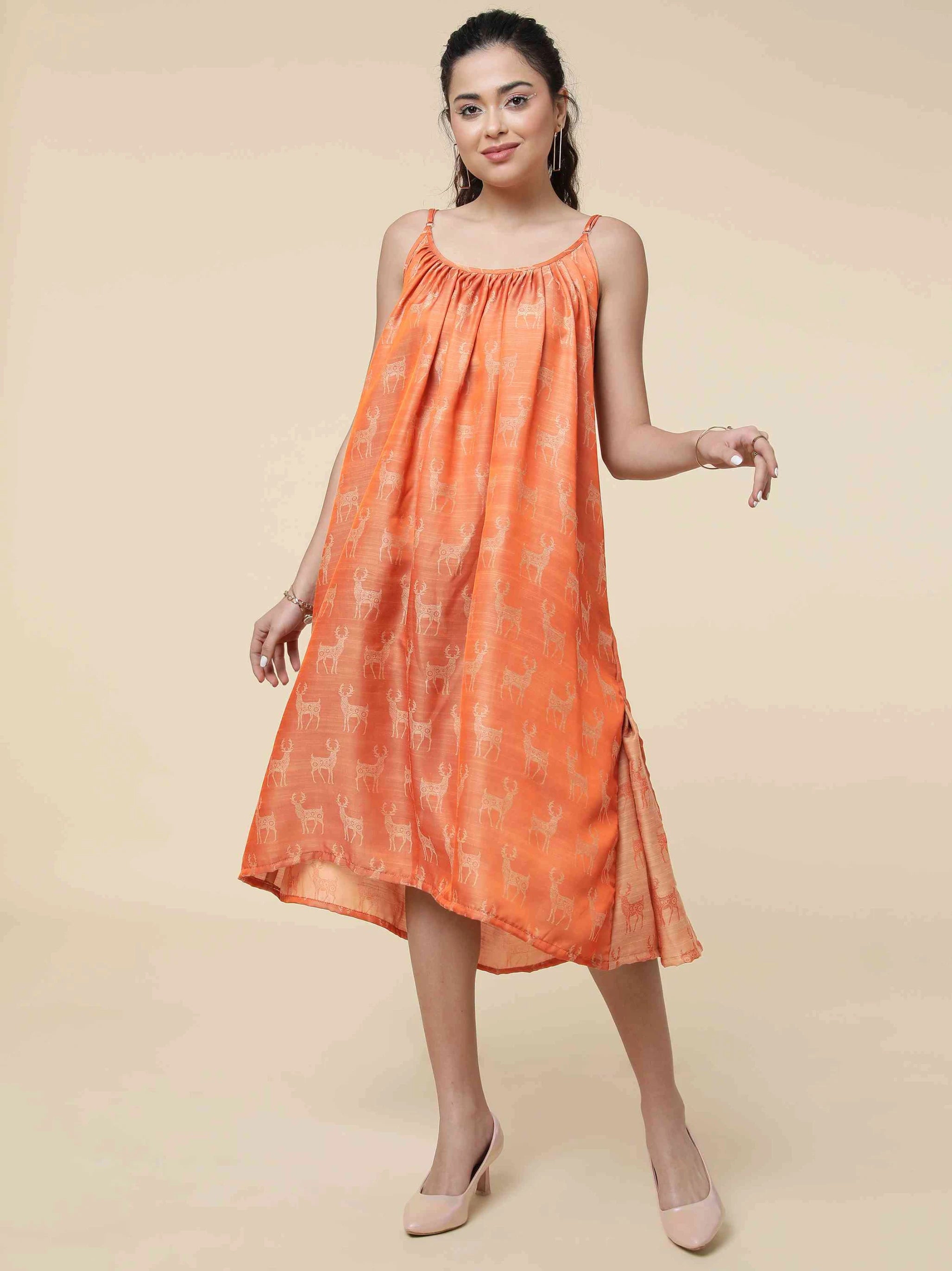 RUST ORANGE ART SILK STRAPPY FLARED DRESS