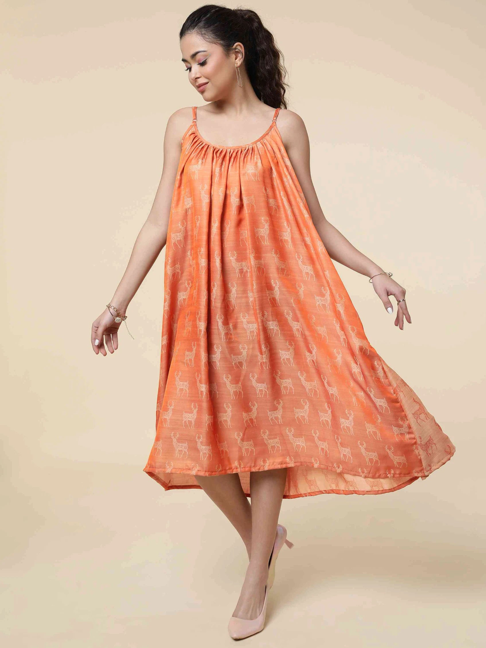 RUST ORANGE ART SILK STRAPPY FLARED DRESS