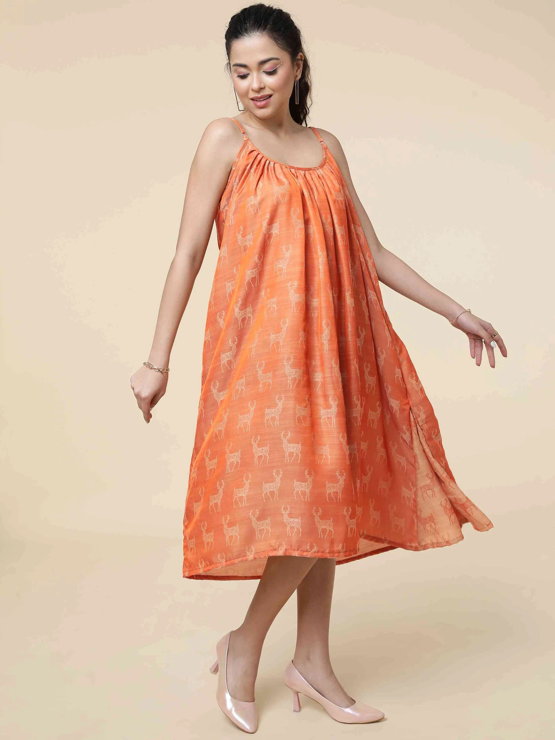 RUST ORANGE ART SILK STRAPPY FLARED DRESS