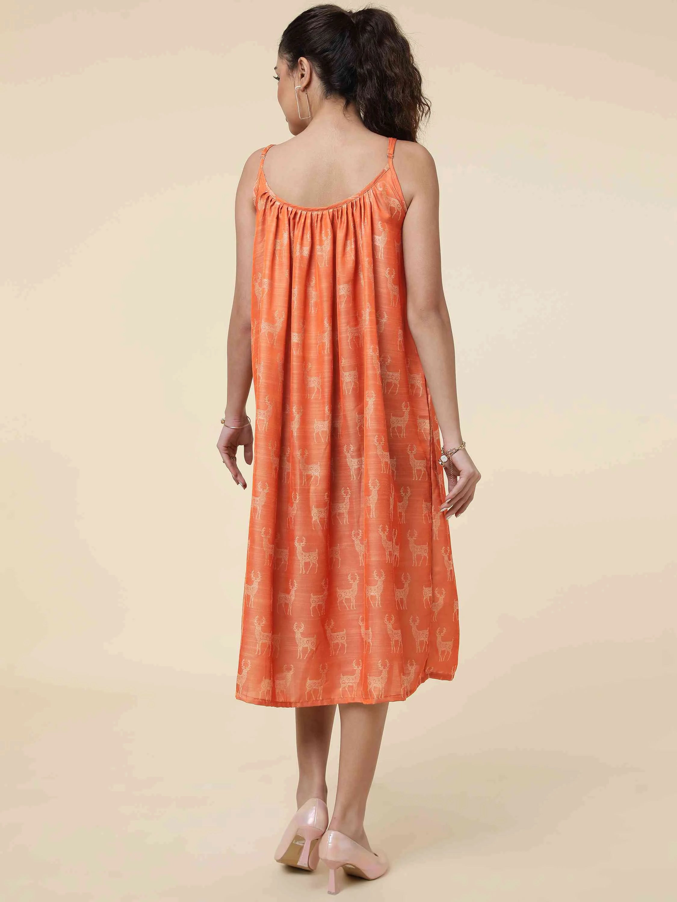 RUST ORANGE ART SILK STRAPPY FLARED DRESS