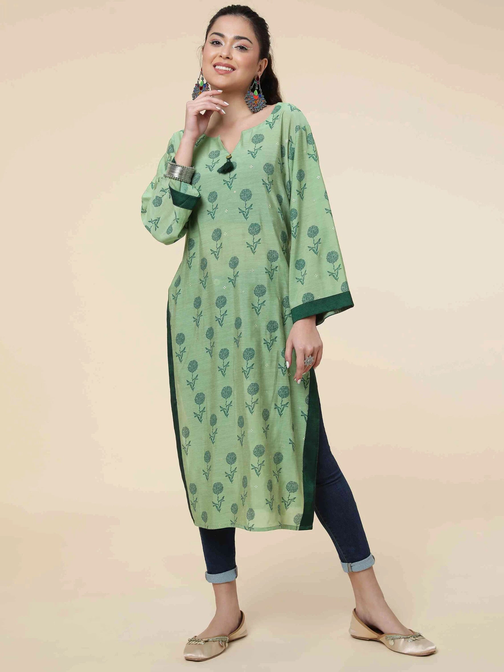 GREEN MODAL BLEND FLORAL FOIL PRINTED KURTI