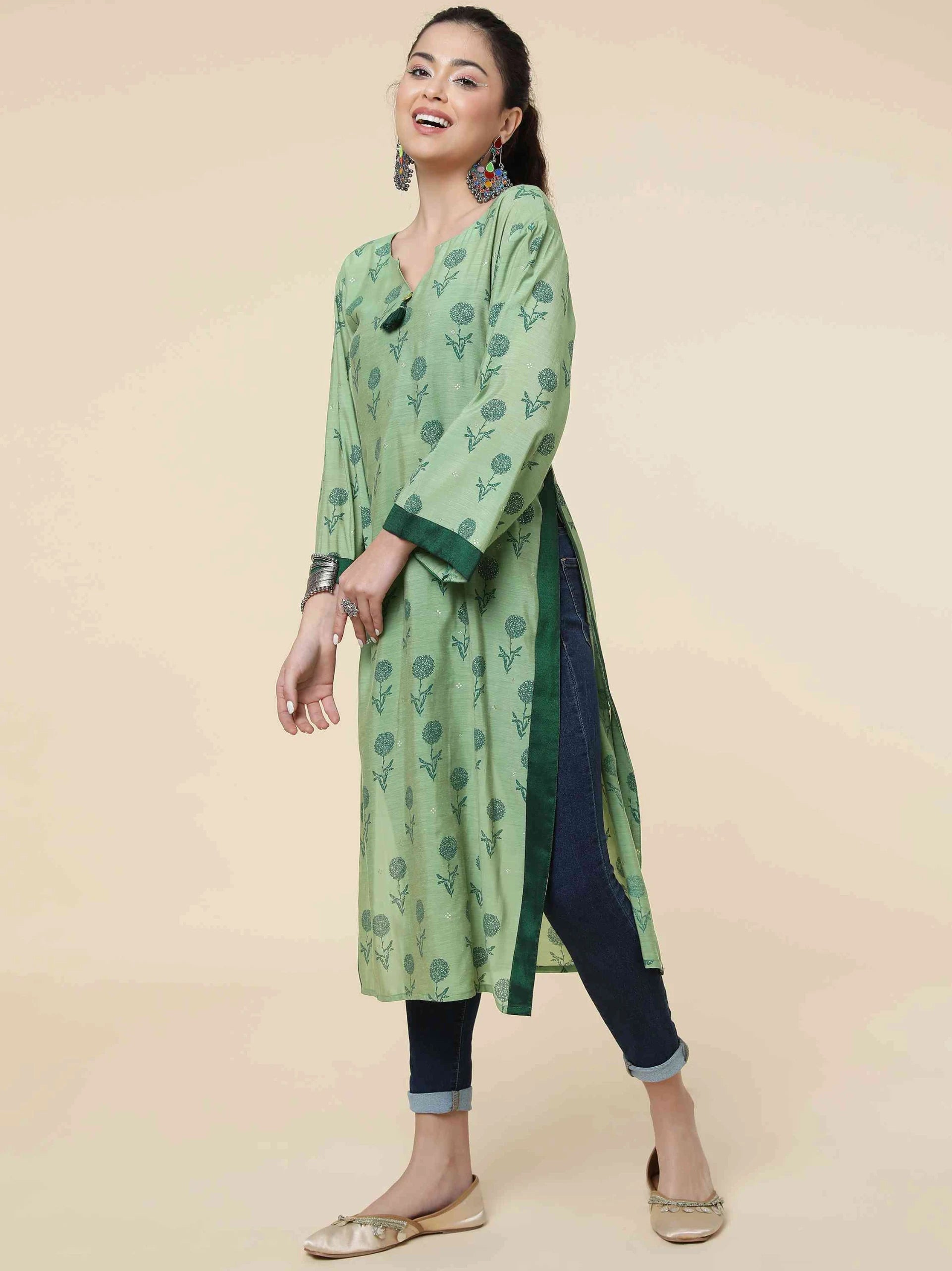 GREEN MODAL BLEND FLORAL FOIL PRINTED KURTI