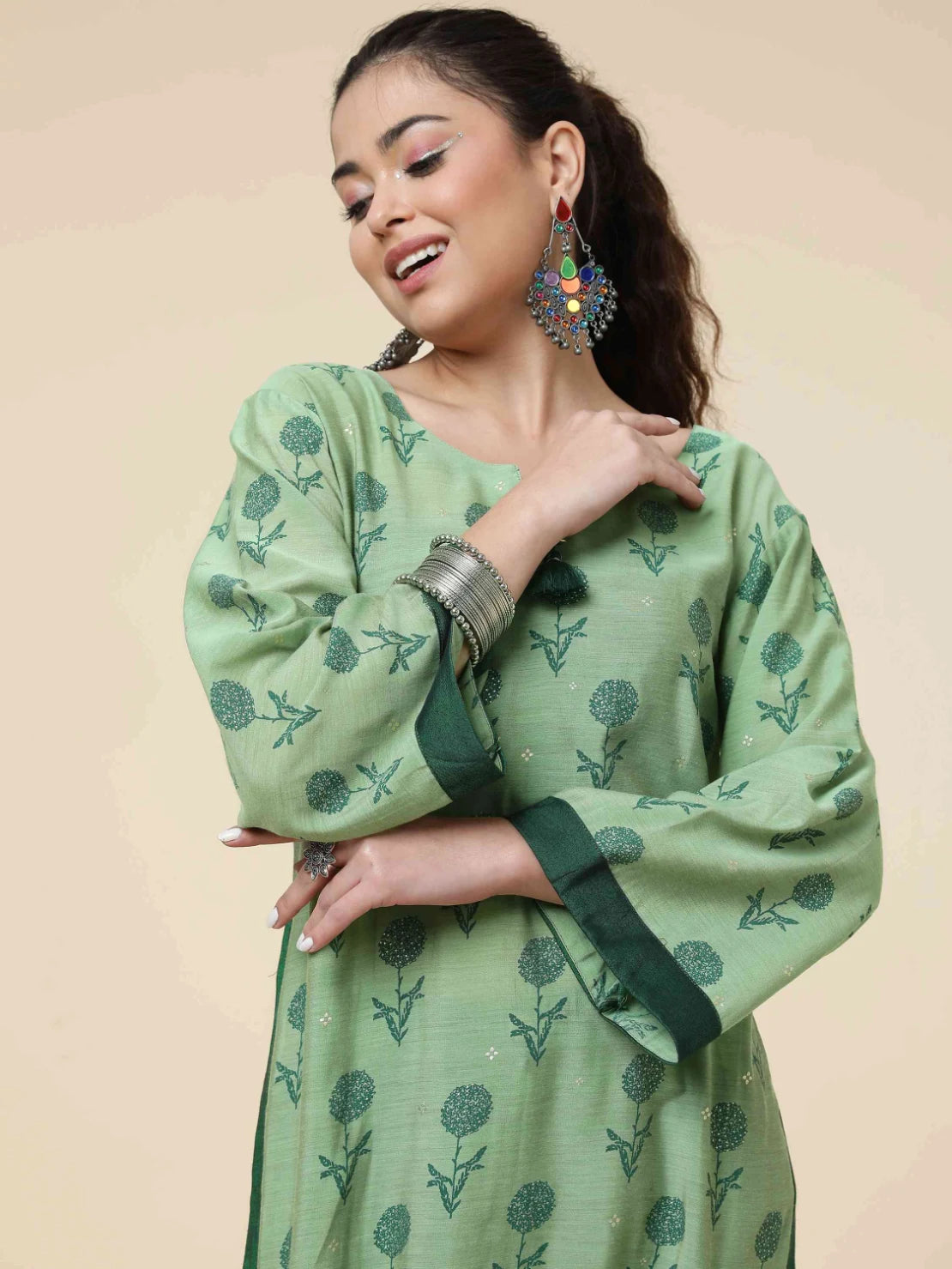 GREEN MODAL BLEND FLORAL FOIL PRINTED KURTI