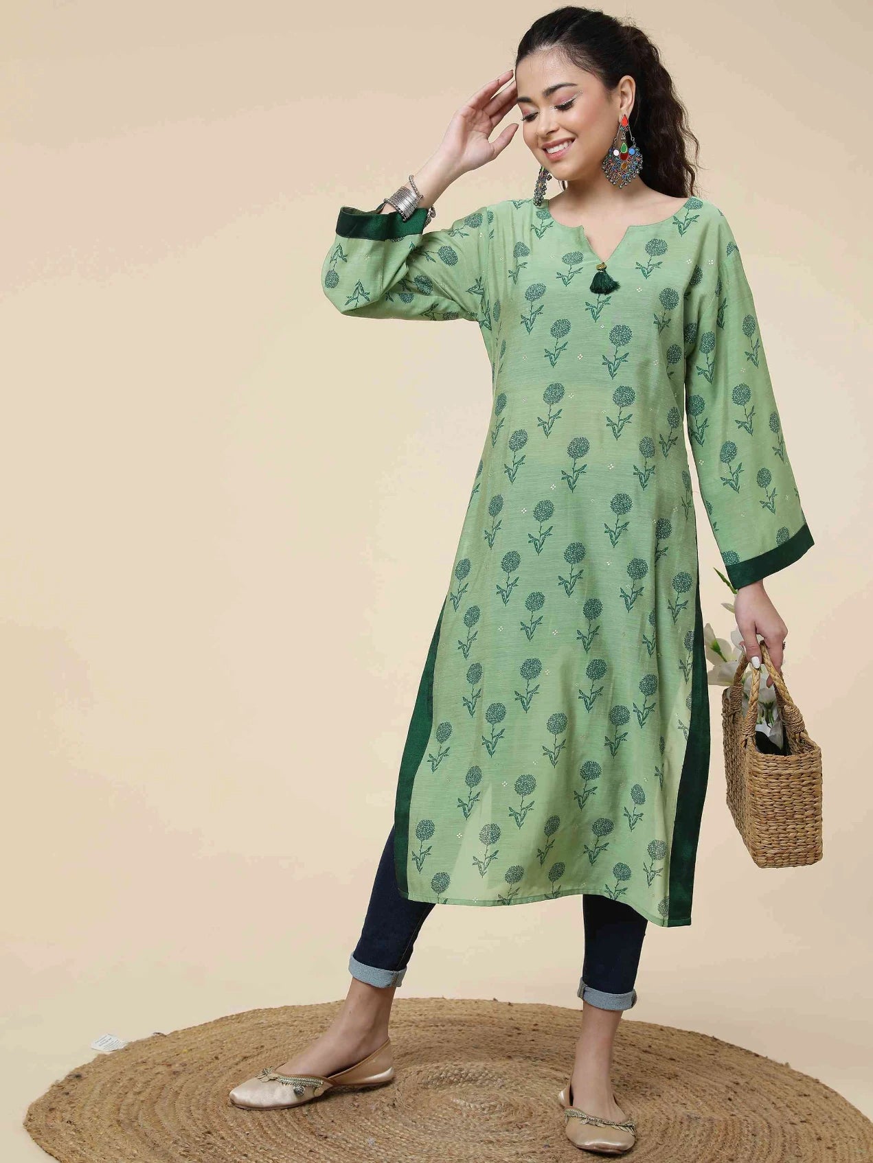 GREEN MODAL BLEND FLORAL FOIL PRINTED KURTI