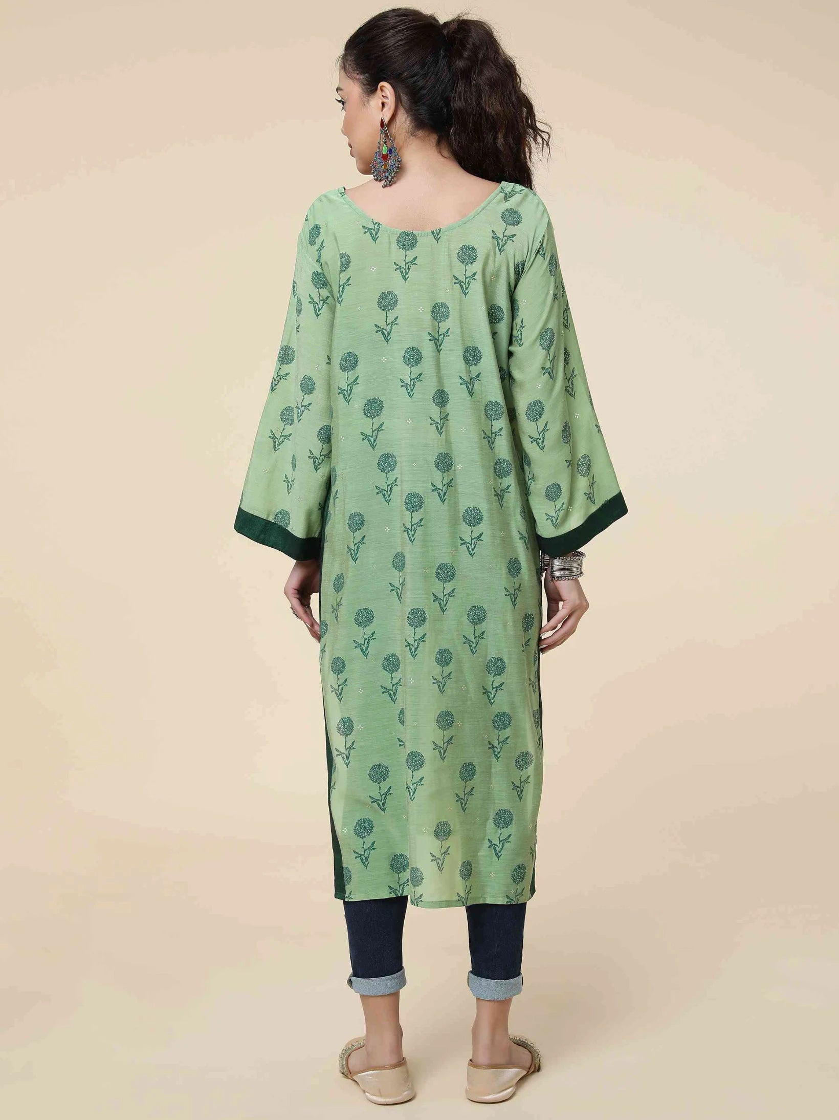 GREEN MODAL BLEND FLORAL FOIL PRINTED KURTI