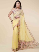 DUNGRANI FLORAL RUFFLE YELLOW COPPER ORGANZA SAREE WITH BLOUSE