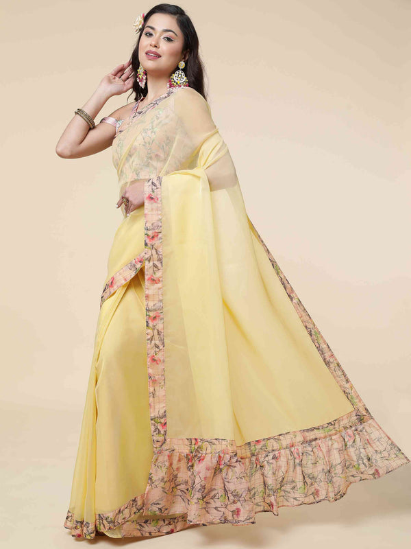 DUNGRANI FLORAL RUFFLE YELLOW COPPER ORGANZA SAREE WITH BLOUSE
