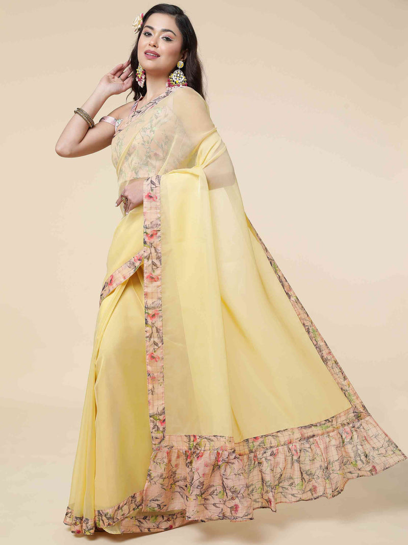 DUNGRANI FLORAL RUFFLE YELLOW COPPER ORGANZA SAREE WITH BLOUSE