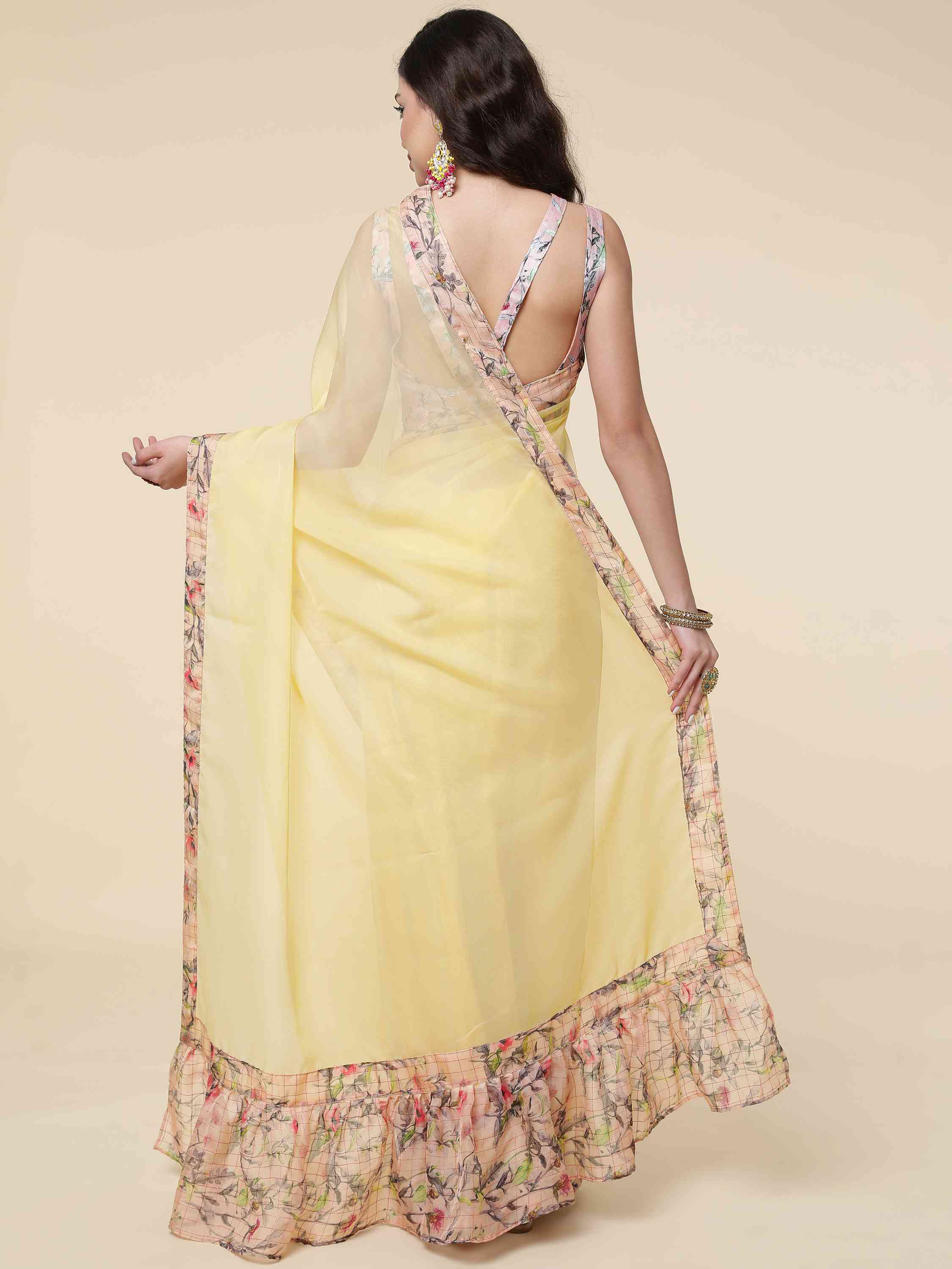 DUNGRANI FLORAL RUFFLE YELLOW COPPER ORGANZA SAREE WITH BLOUSE