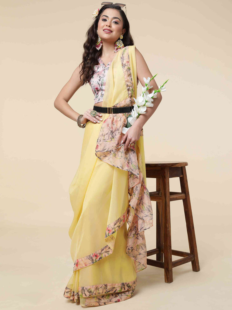 DUNGRANI FLORAL RUFFLE YELLOW COPPER ORGANZA SAREE WITH BLOUSE