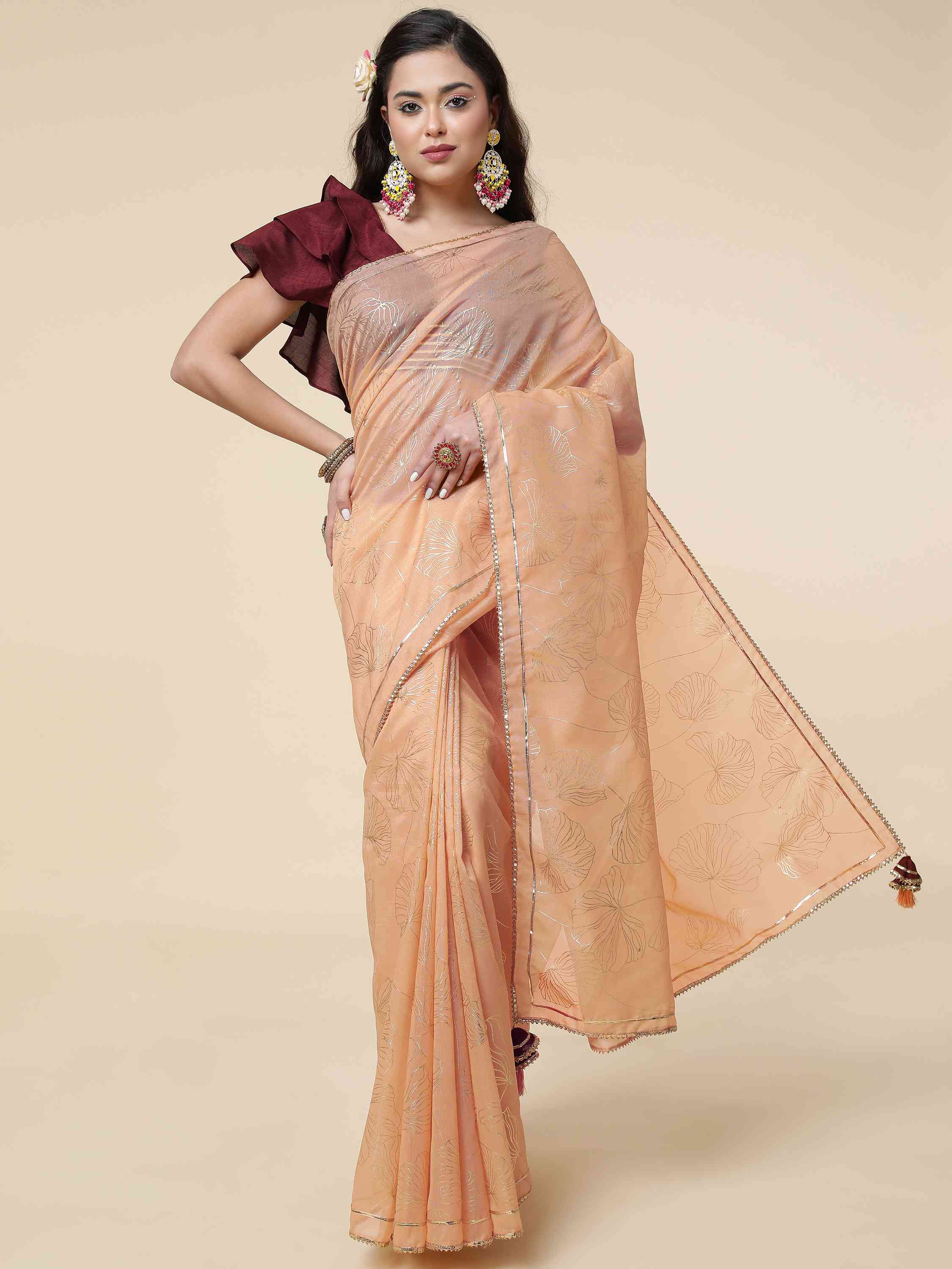 DUNGRANI PEACH ORGANZA FOIL SAREE WITH BLOUSE