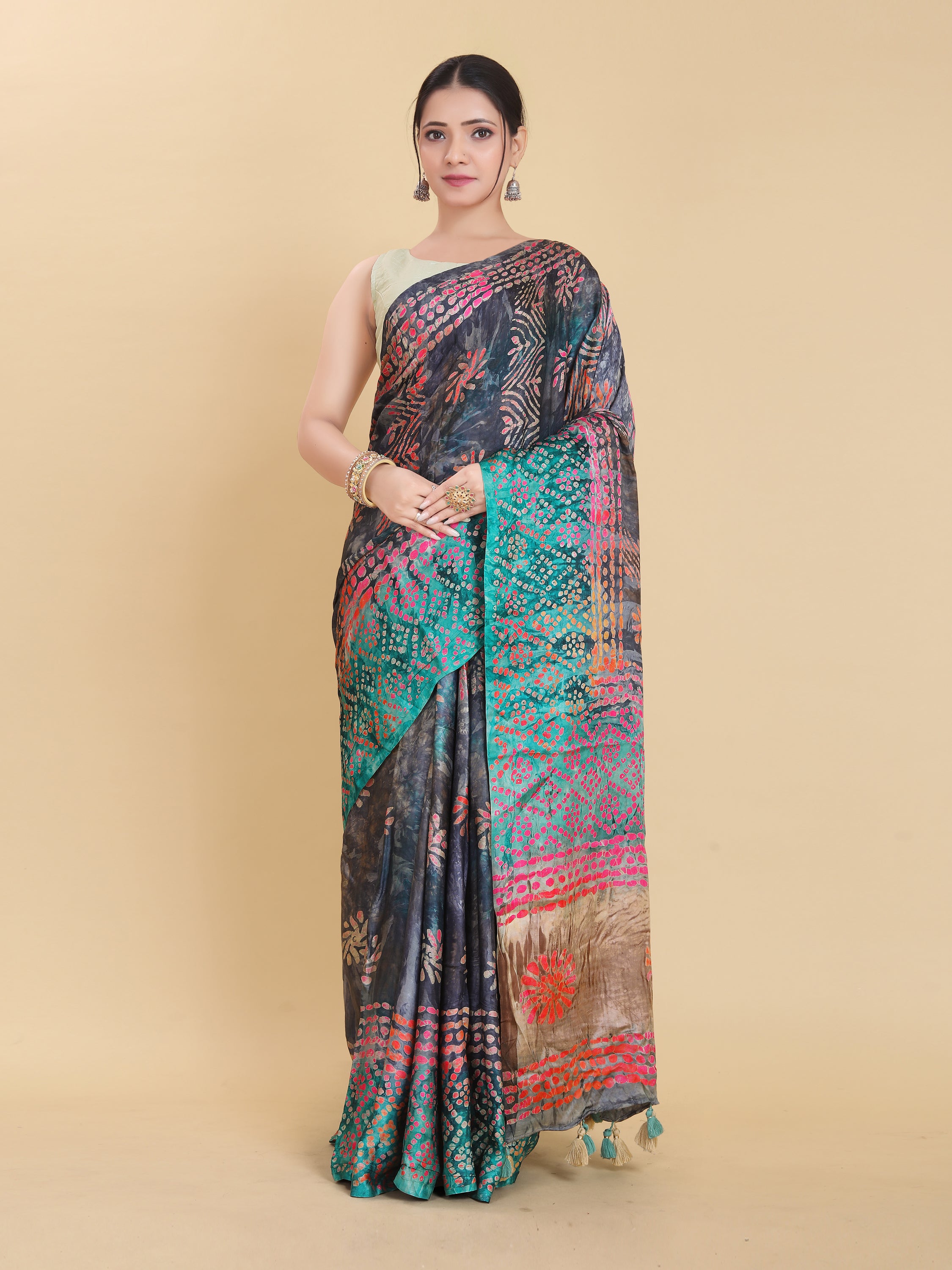 BLUE BEMBERG SATIN BATIK PRINTED SAREE WITH BLOUSE