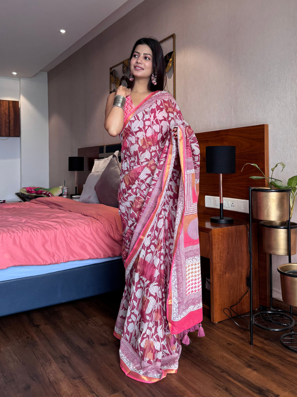 Premium Mauve Hand Block Printed Liva Saree and Blouse