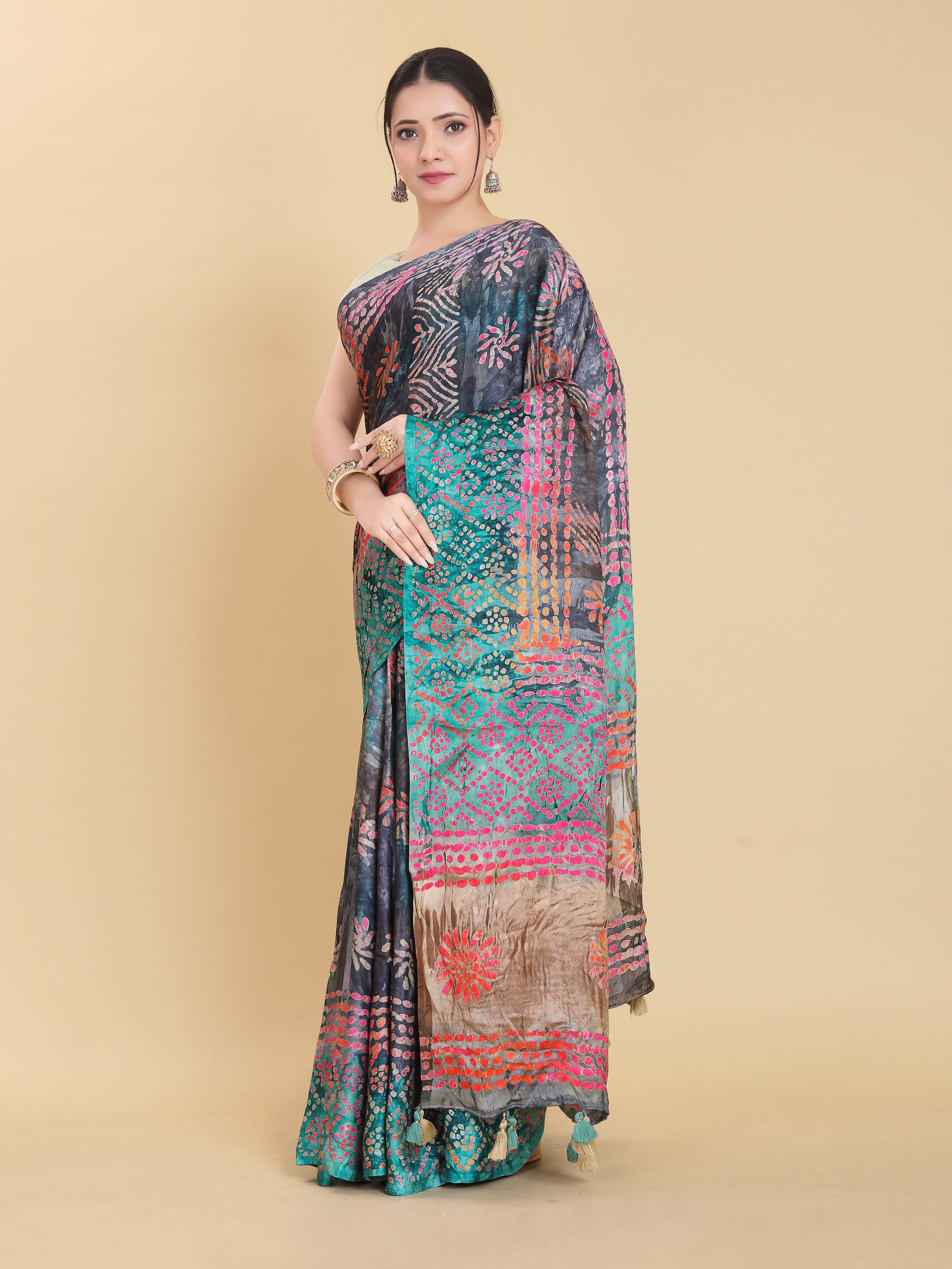 BLUE BEMBERG SATIN BATIK PRINTED SAREE WITH BLOUSE