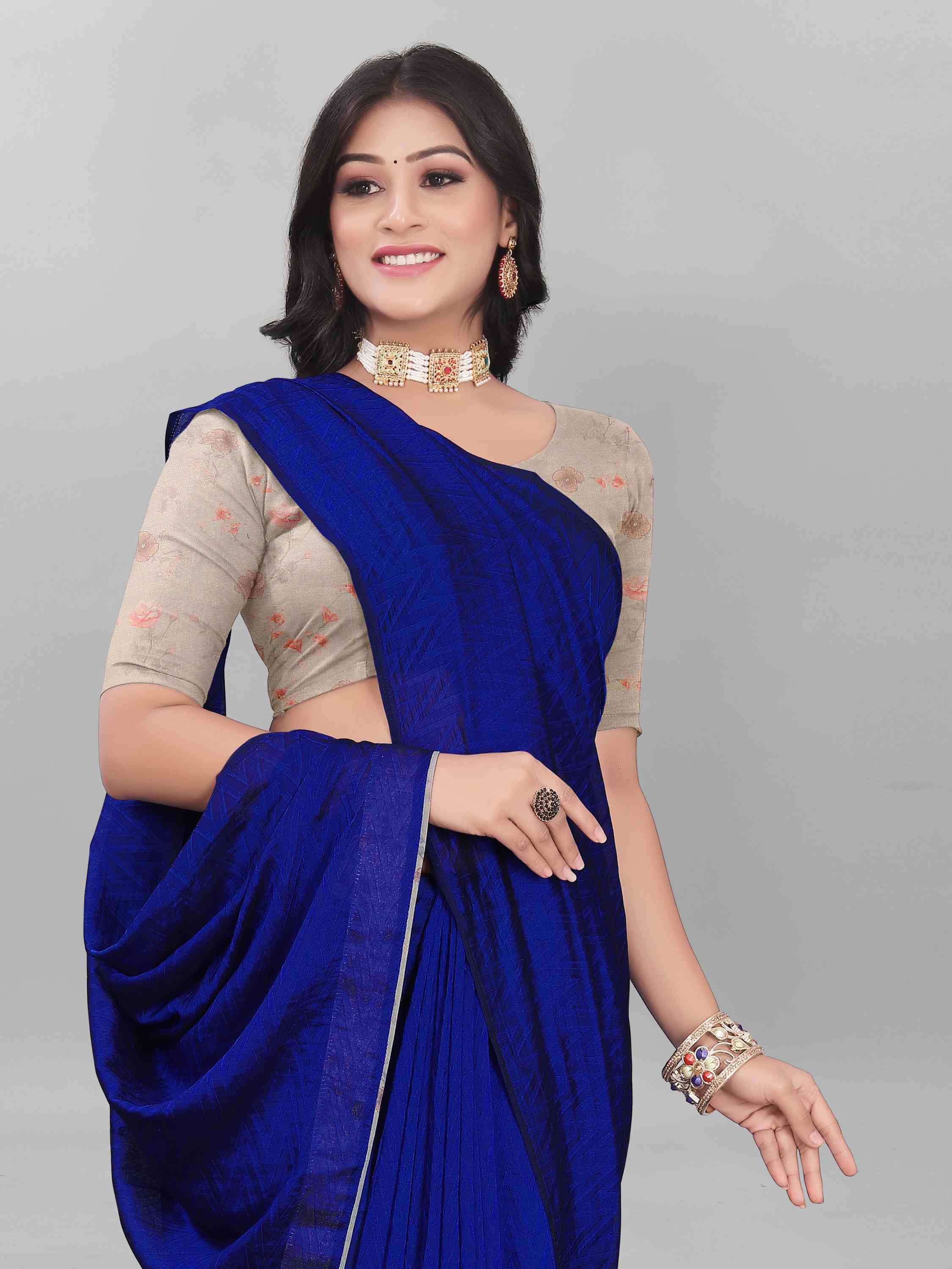 NAVY BLUE SELF TEXTURED SAREE WITH BLOUSE