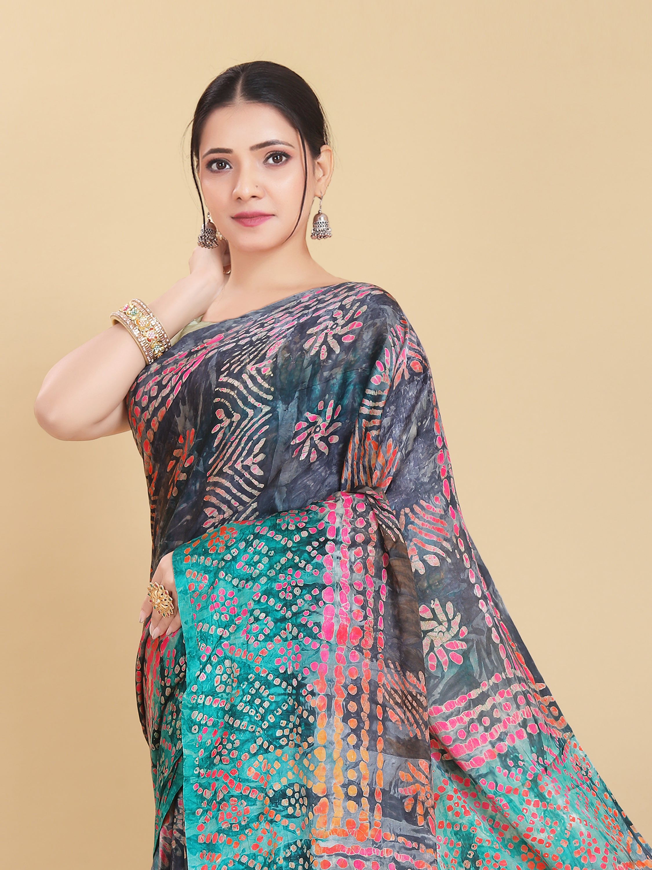 BLUE BEMBERG SATIN BATIK PRINTED SAREE WITH BLOUSE