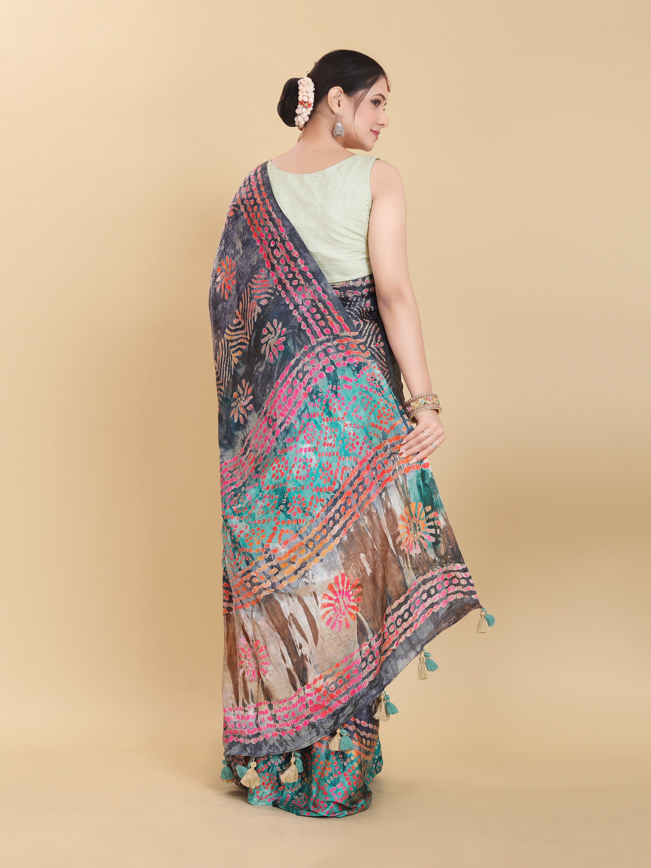 BLUE BEMBERG SATIN BATIK PRINTED SAREE WITH BLOUSE